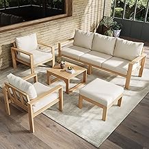 Acacia Outdoor Garden Sofa 4-6 Seater Outdoor Living Room with Coffee Table, Pouf Stool and 2 Armchairs for Balcony Terrace