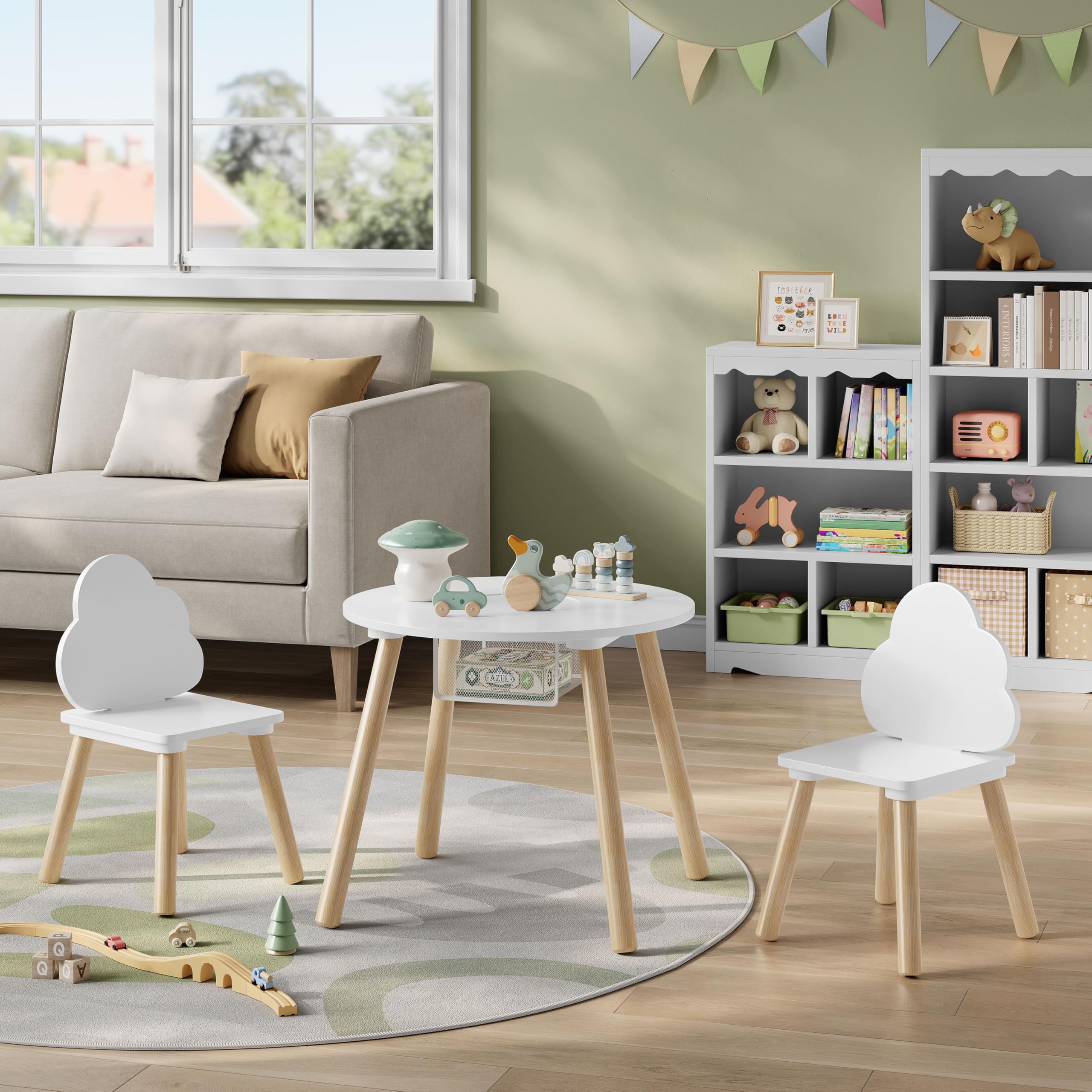 WOLTU Kindertisch mit 2 Stühlen, 3tlg. Kindersitzgruppe, Kinder Tisch Stuhl Set mit Stauraum Netztasche, Kinderstuhl mit Wolken-Rückenlehne, für klein Kinder Vorschüler