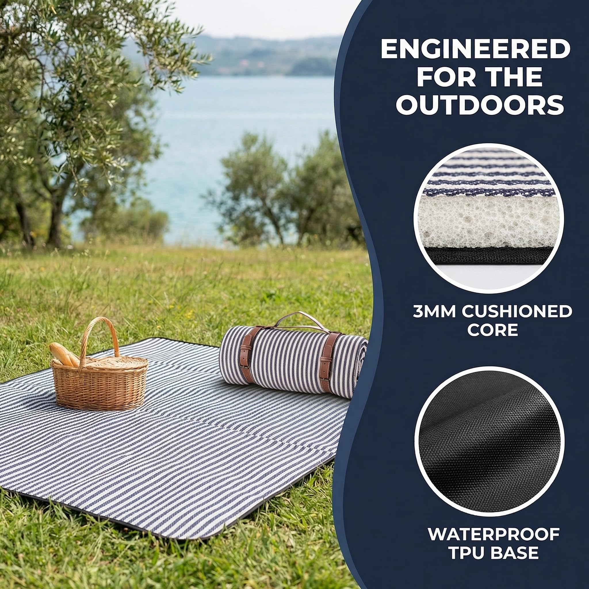 Manta de Picnic Impermeable 150x200 cm, Manta de Playa y Camping Antiarrena con Asa, Tapete de Picnic Diseño a Rayas Portátil y Plegable, 3 Capas Aislante Térmico para Parque Camping Exterior