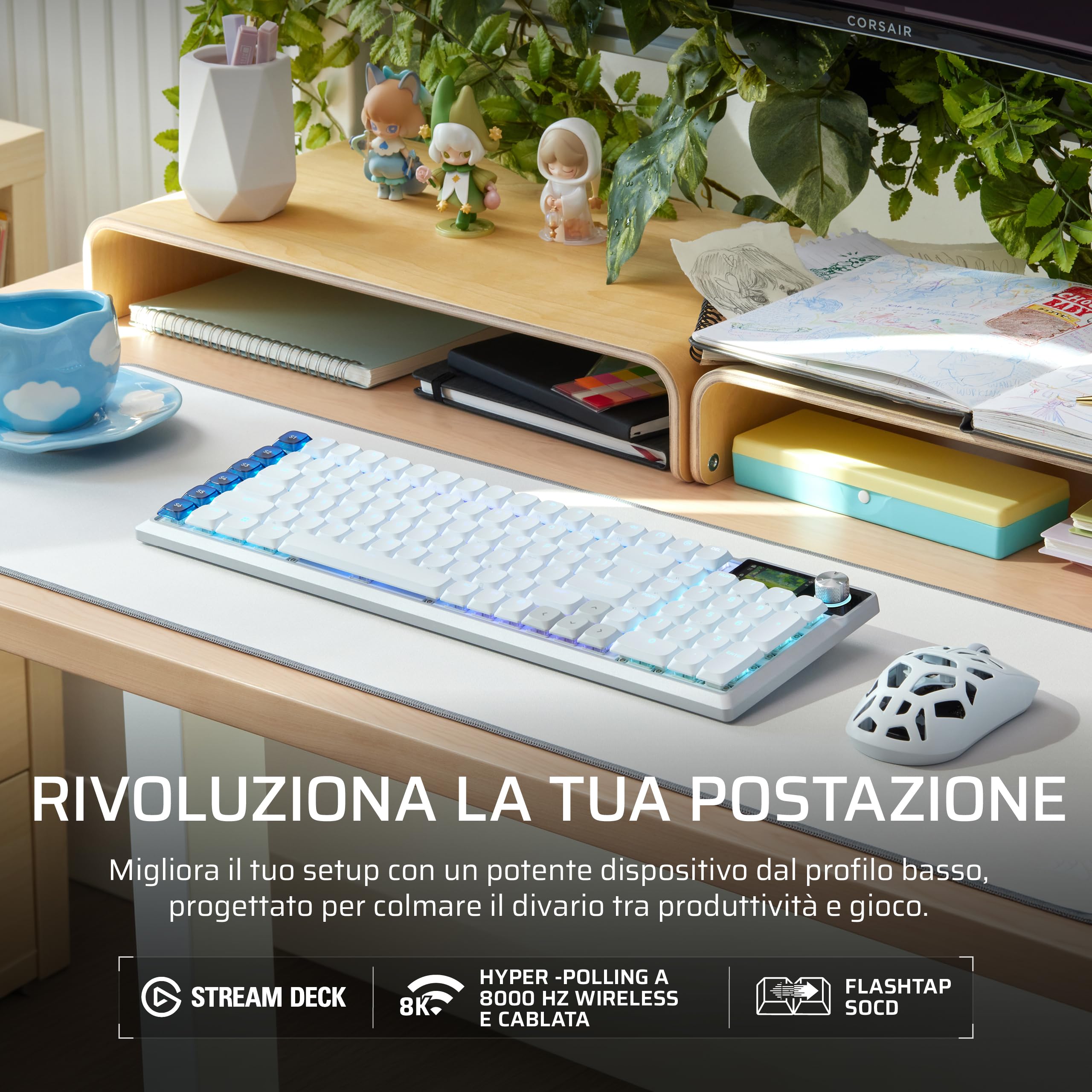 Corsair VANGUARD AIR 99 WIRELESS Tastiera Da Gioco a Basso Profilo – Bianco | Ottico-Meccanica RGB, QWERTY IT, Layout al 99%, Interruttori OPX, Polling 8000 Hz, Integrazione Stream Deck, Flashtap SOCD
