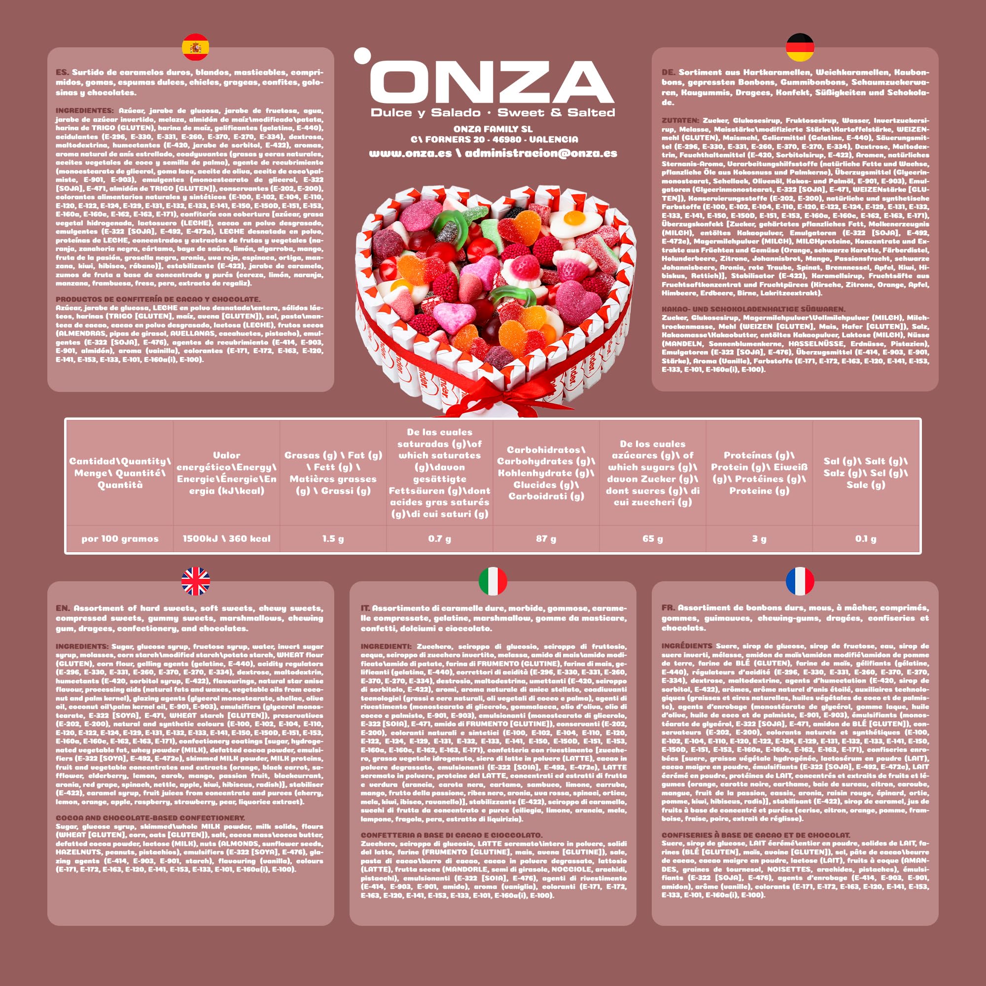 Onza Regalo dia de la madre original - Cesta de Chocolates Kinder y Chucherías para Regalar - Corazón Chocolatinas Kinder - Gran Surtido Chuches y Gominolas