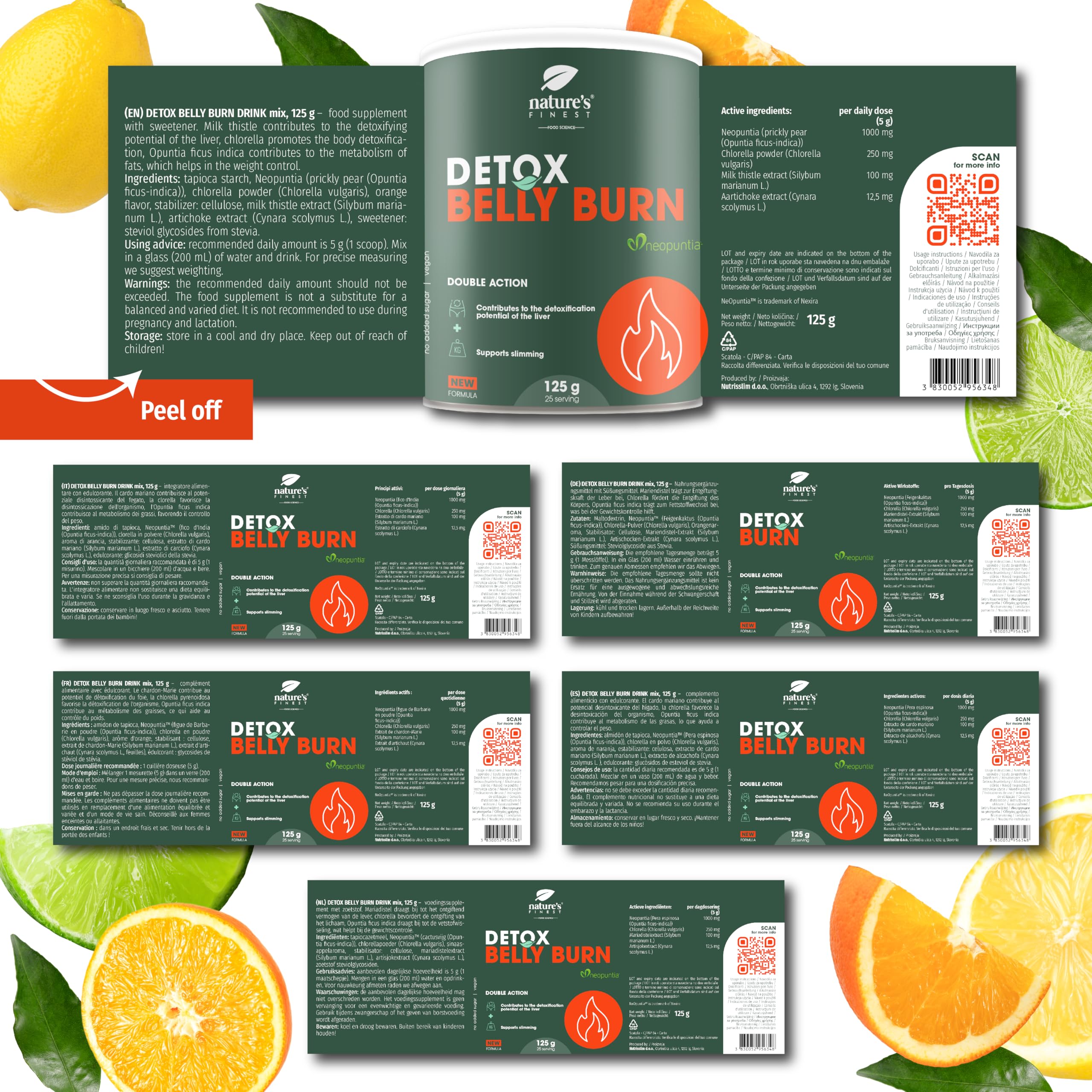 Nature’s Finest Detox Belly Burn - Integratore Detox in Polvere con Cardo Mariano, Carciofo, Clorella e Opuntia (Nopal) - Formula Vegetale, Vegana, Senza Glutine - 125 g