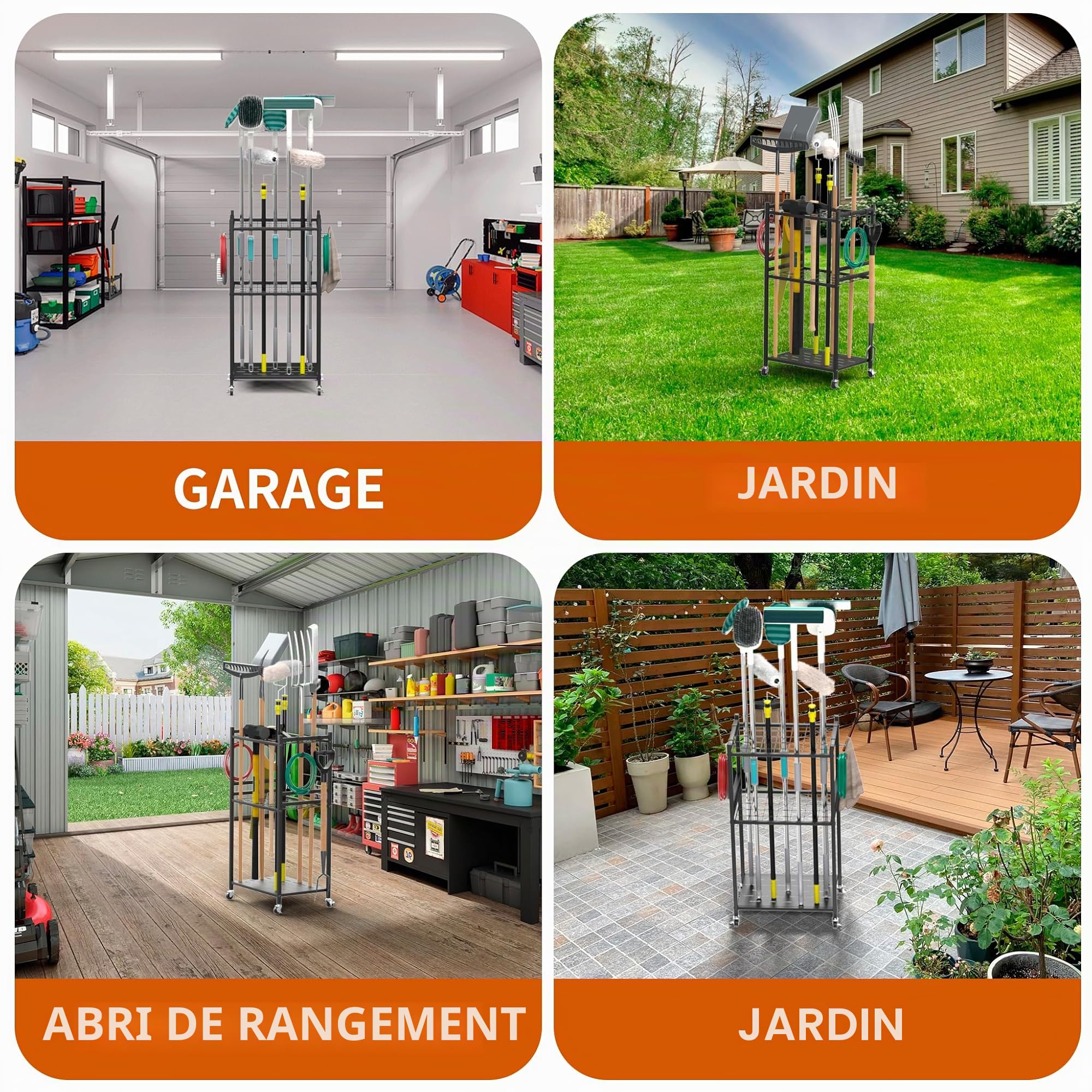 Rangement outils jardin 3 niveaux,polyvalent,roulettes freinables, M | 42*30*85cm, 35 positions, outils longs/courts, 4 crochets, robuste, roulettes freinables, anti-rouille, jardin/garage…