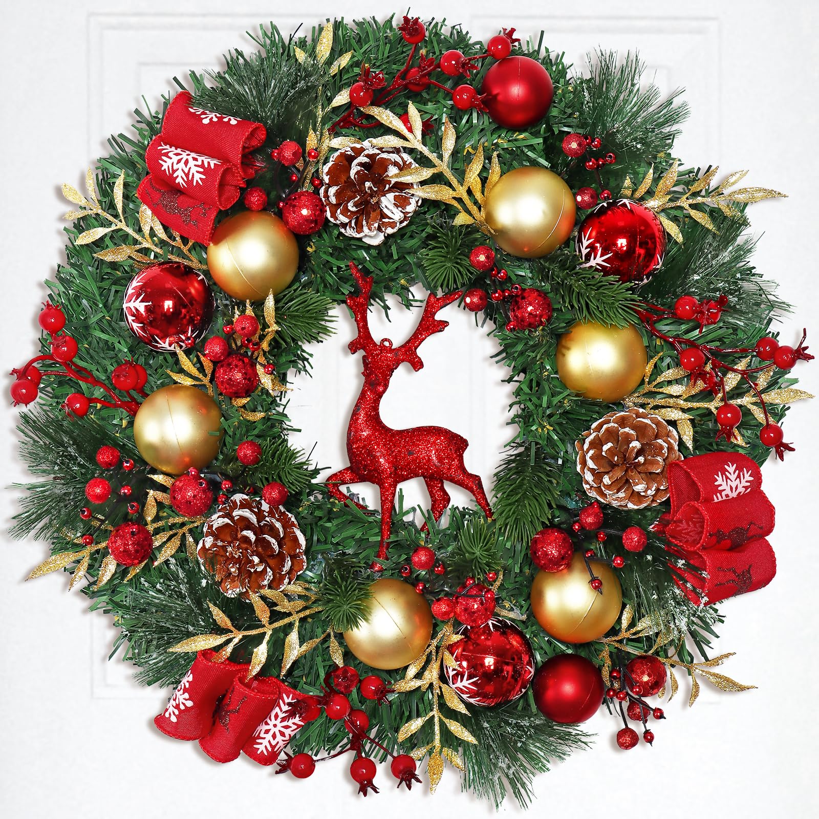 Dremisland Rot Rentier Weihnachtskranz für Haustür 44cm Künstliche Tannenkranz Adventskranz Türkranz Weihnachten Außen Ball Türschmuck Beerenhaufen Grün Weihnachtsdeko Innen Außen Wand Wohnkultur