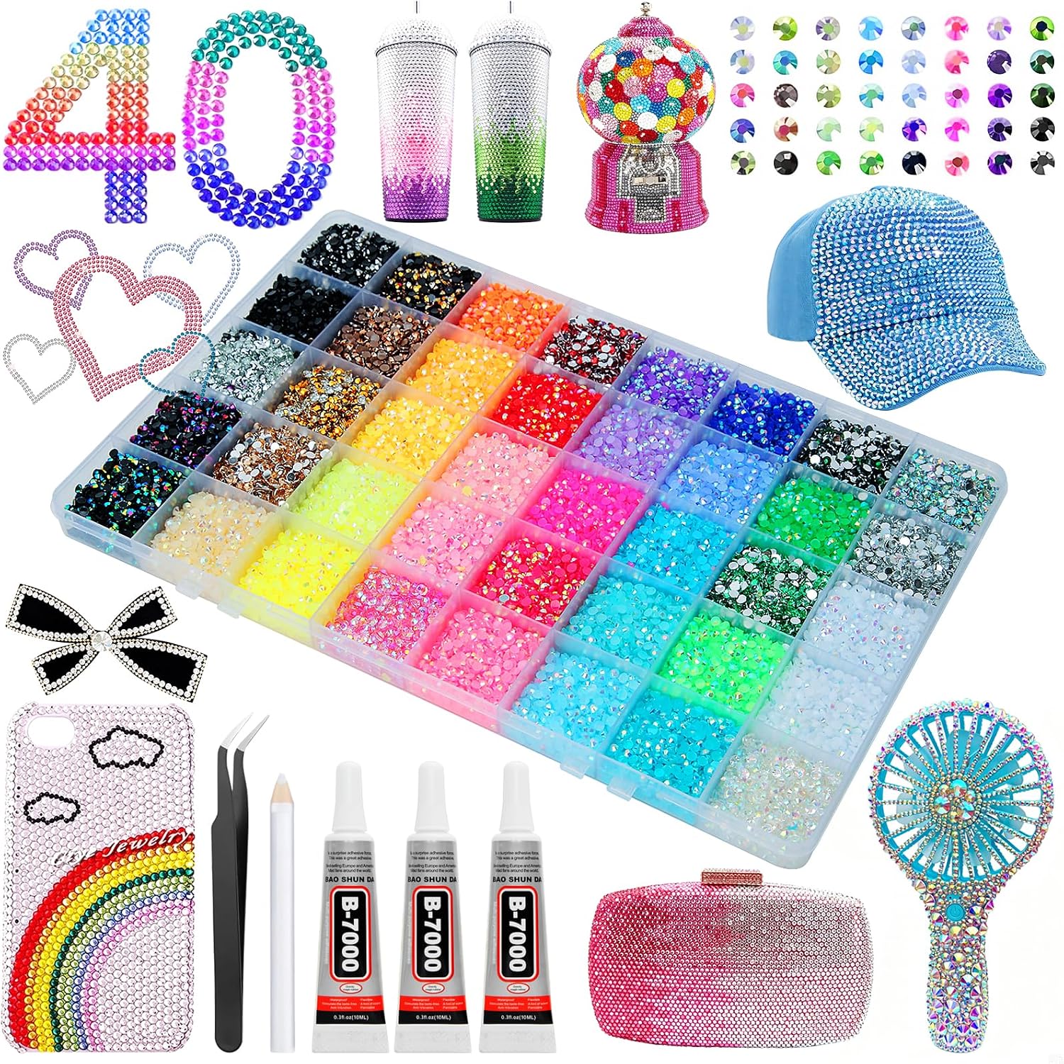 DEYUSHI Bedazzling Kit 40000Pcs 3mm 40Colors Bedazzler Kit with Rhinestones | Bling kit Gems Rhinestones for Bedazzling Badazzle, 3PCS B7000 Glue Picker Tweezers for Nail Art Clothes DIY