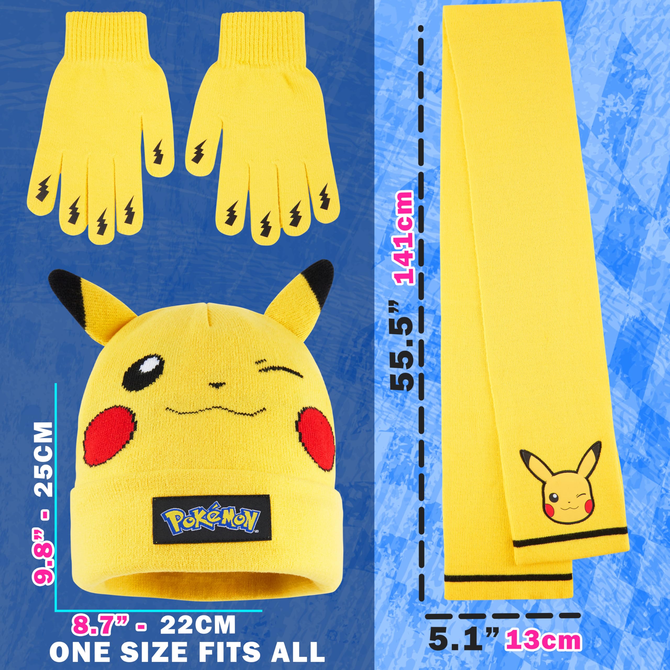 Pokémon Conjunto Bufanda y Gorro y Guantes Niño 8-10 Años, Pikachu Accesorios de Invierno Suave para Frío, Regalos de Anime