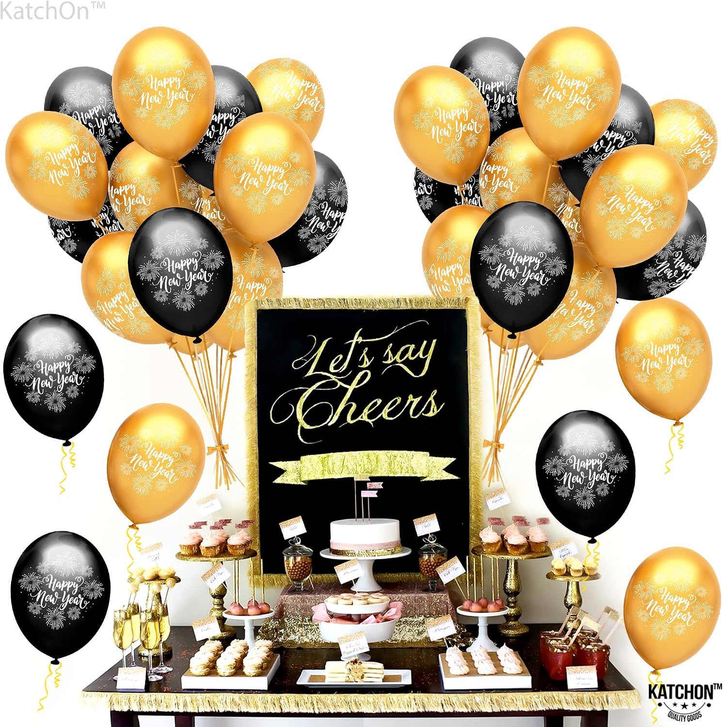 KatchOn, Happy New Years Balloons Set - Pack of 50 | Happy New Year Latex Balloons, Happy New Years Decorations | Black and Gold Balloons for New Years Eve Party Supplies 2026 | NYE Decorations 2026