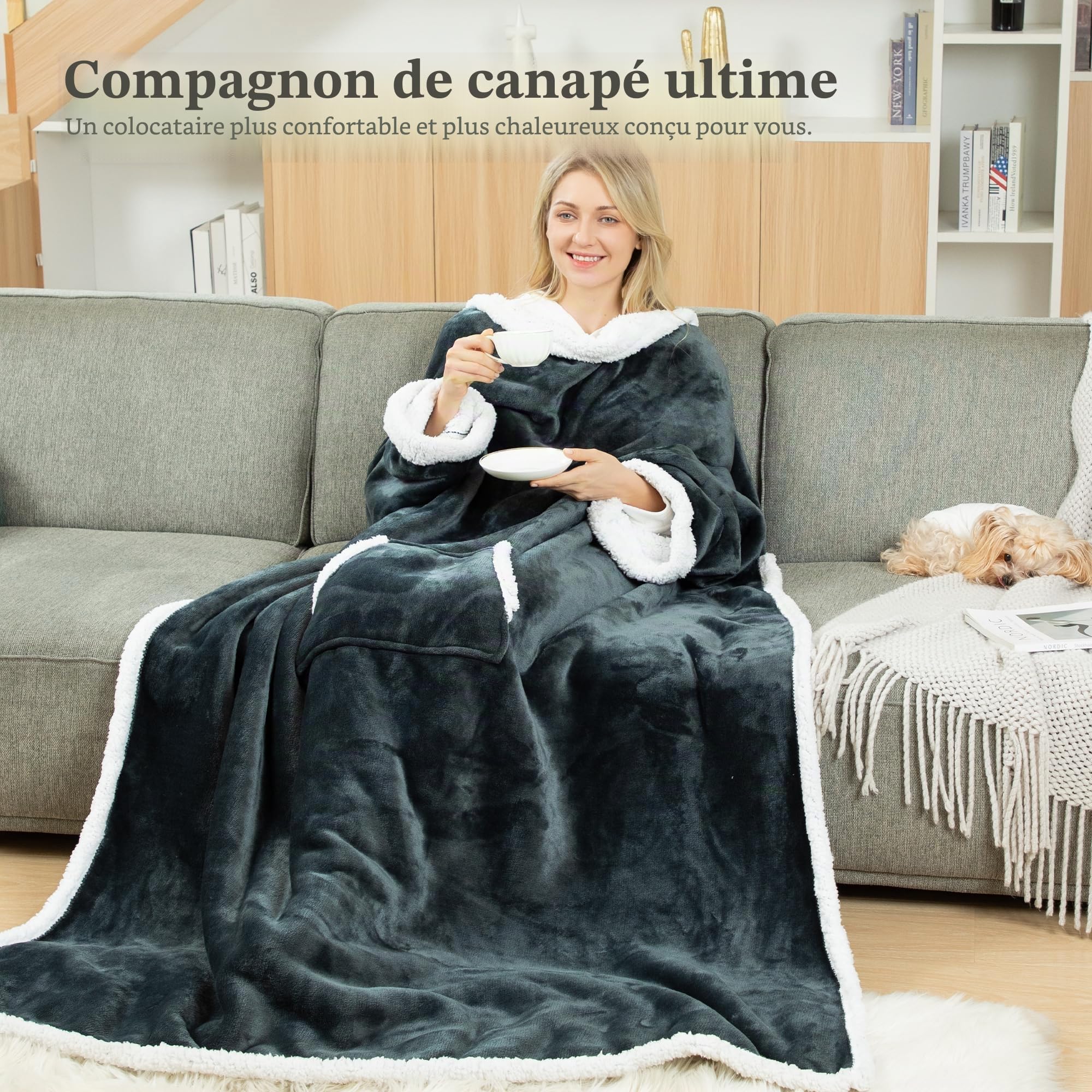Winthome Couverture Polaire avec Manche et Sac de Pied, Couverture Chaude avec Velcro, Plaid Canape pour Cadeaux, Hiver, Plaid avec Manche, Économies de Coûts de Chauffage