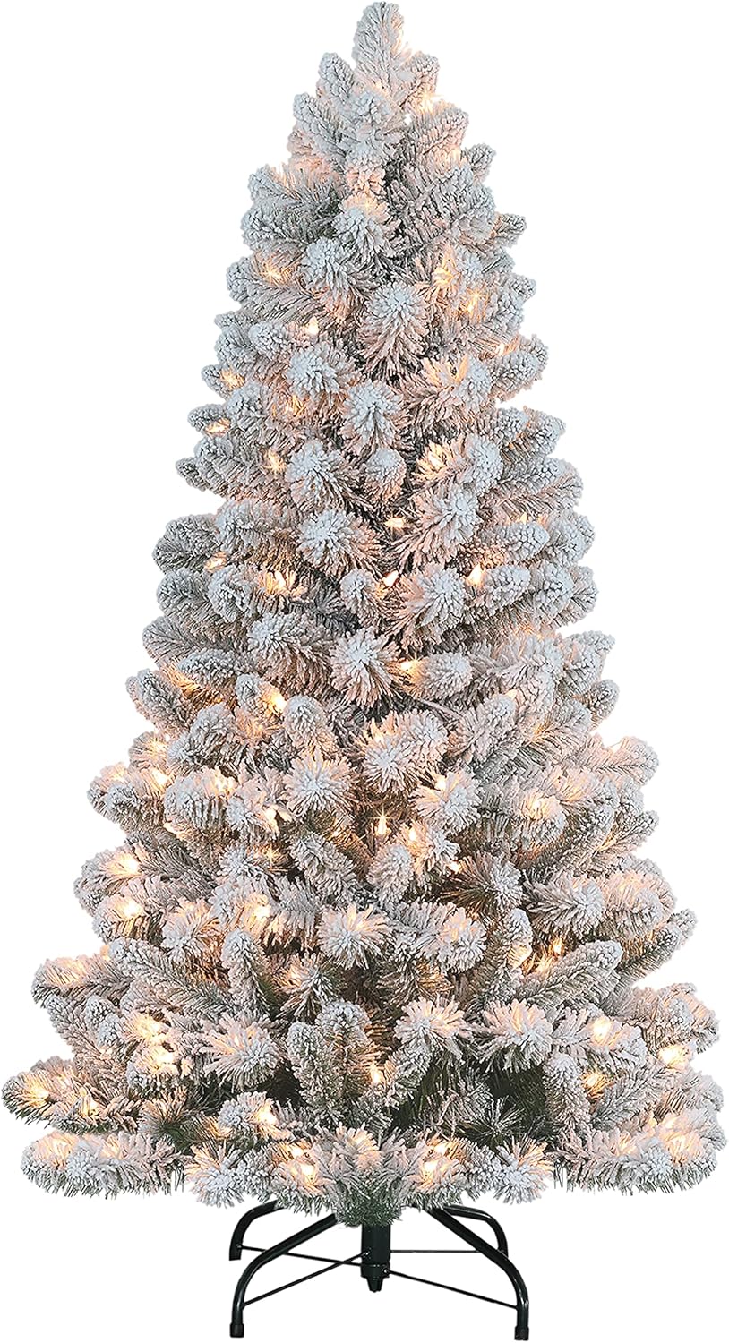 Puleo International Pre-Lit 4.5' Flocked Virginia Pine Artificial Christmas Tree with 200 Lights, Green