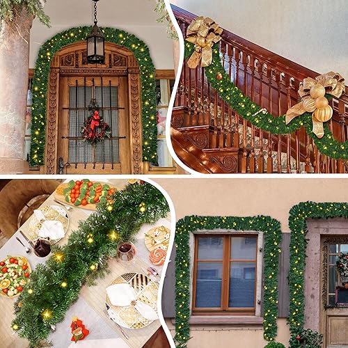 Miniatura 7 de Guirnalda de Navidad de 16 pies con luces, guirnalda de Navidad artificial preiluminada para manto, escaleras, marco de puerta, barandilla,
