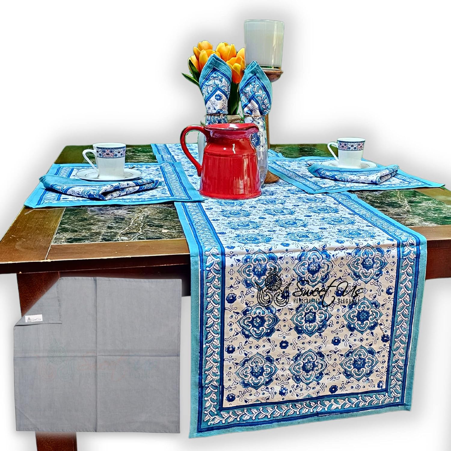 Sweet Us Springtime Splendor Floral Cotton Block Print Table Runner and One Plain Napkin, Floral Kitchen Dining Runner, Table Runner for Indoor and Outdoors, Ice Blue, 70 x 14 in