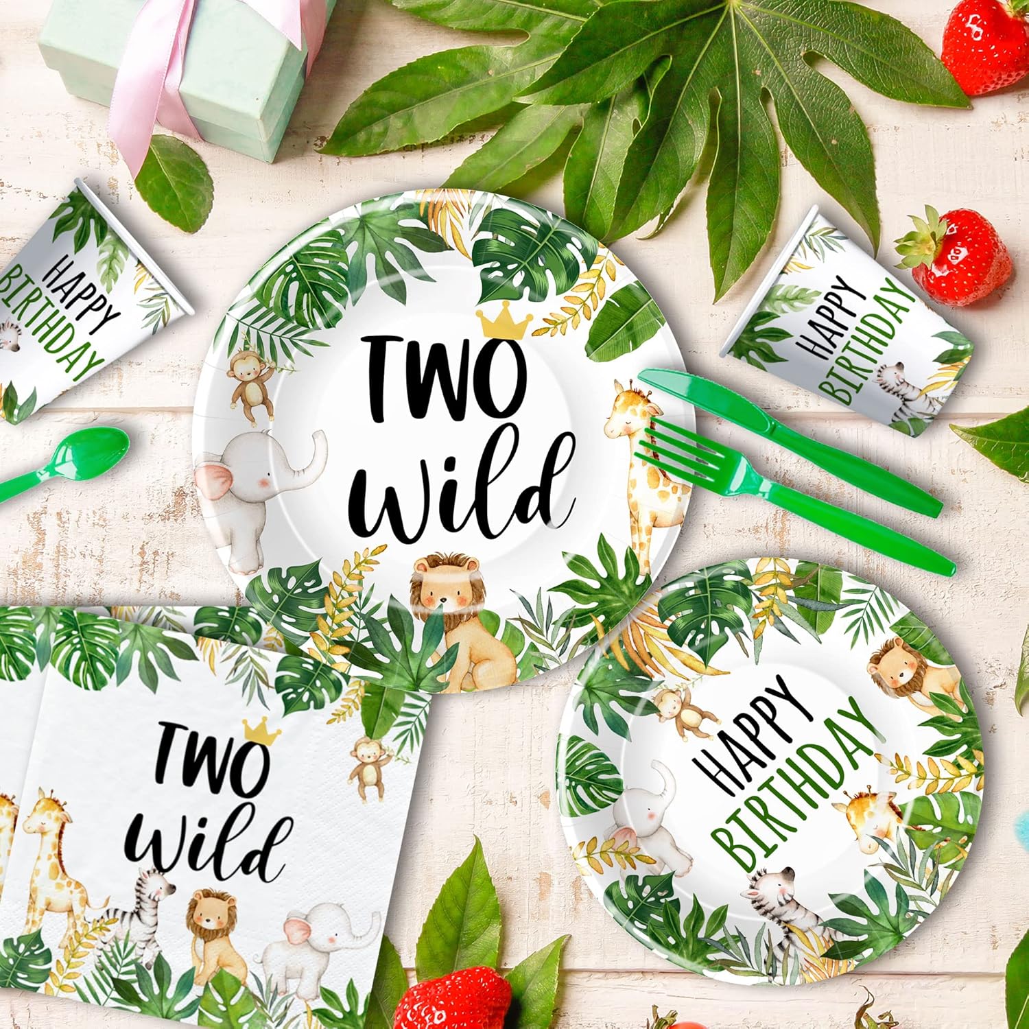 Two Wild Birthday Decorations Tableware - Jungle Animal Party Supplies For Safari 2nd Birthday Decorations, Plate, Cup, Napkin, Tablecloth, Cutlery, Straw | Serves 24