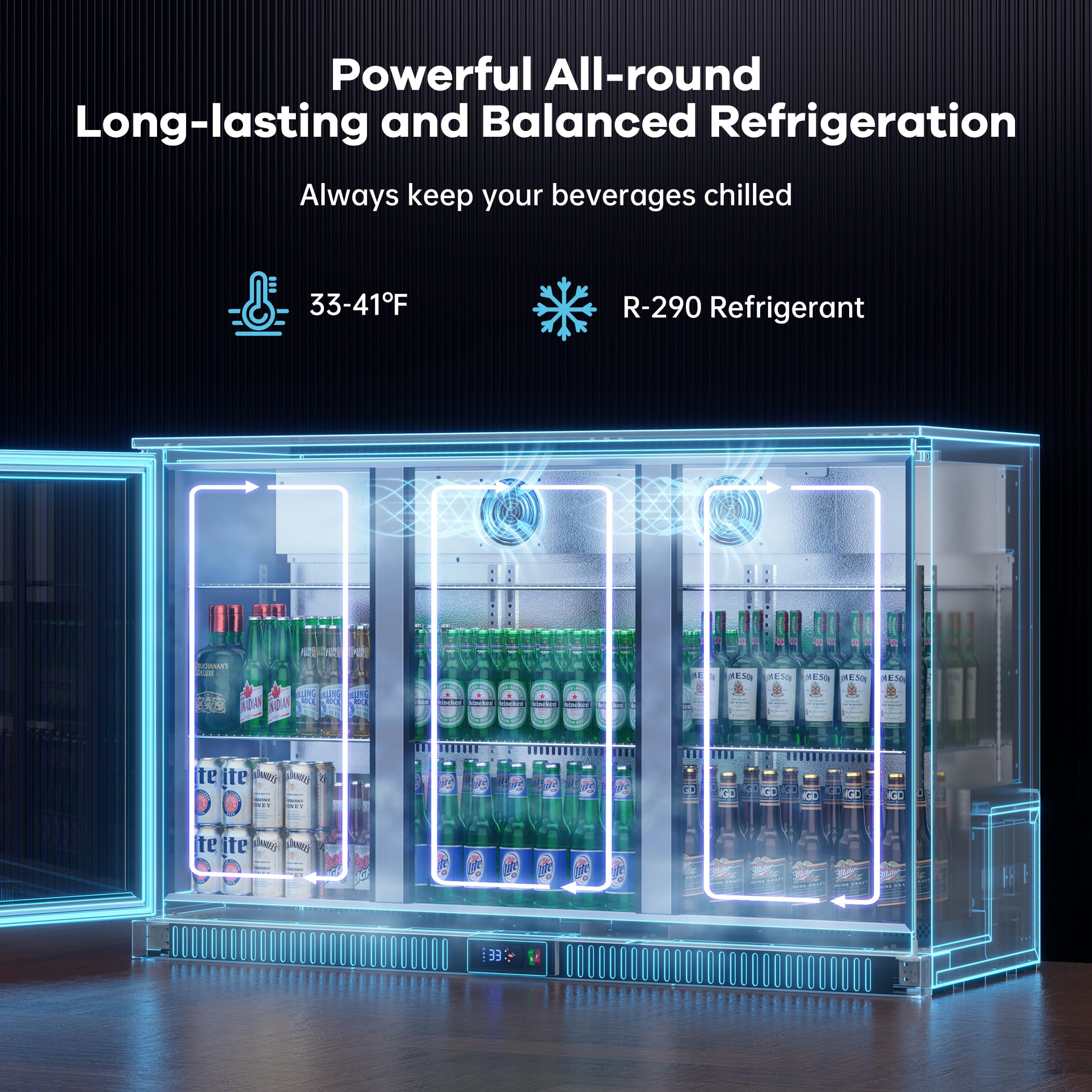 COOLSKI 53 Inch Beverage Refrigerator With 3 Doors, Commercial Back Bar Cooler For Beer Soda, Undercounter Display Fridge For Bar Restaurant Home, 12 Cu.Ft. LED Lighting Etl Nsf Approved on Fridge.com - View 5