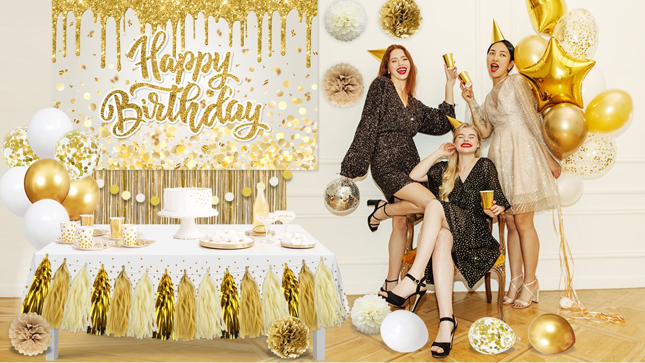 Amazon.com: Gold Birthday Party Decorations Set for Women Girls - Happy Birthday Banner, Backdrop, White Balloons, Tassel Curtains, Dot Tablecloth - Party Supplies : Home & Kitchen Amazon.com: Gold Birthday Party Decorations Set for Women Girls - Happy Birthday Banner, Backdrop, White Balloons, Tassel Curtains, Dot Tablecloth - Party Supplies : Home & Kitchen