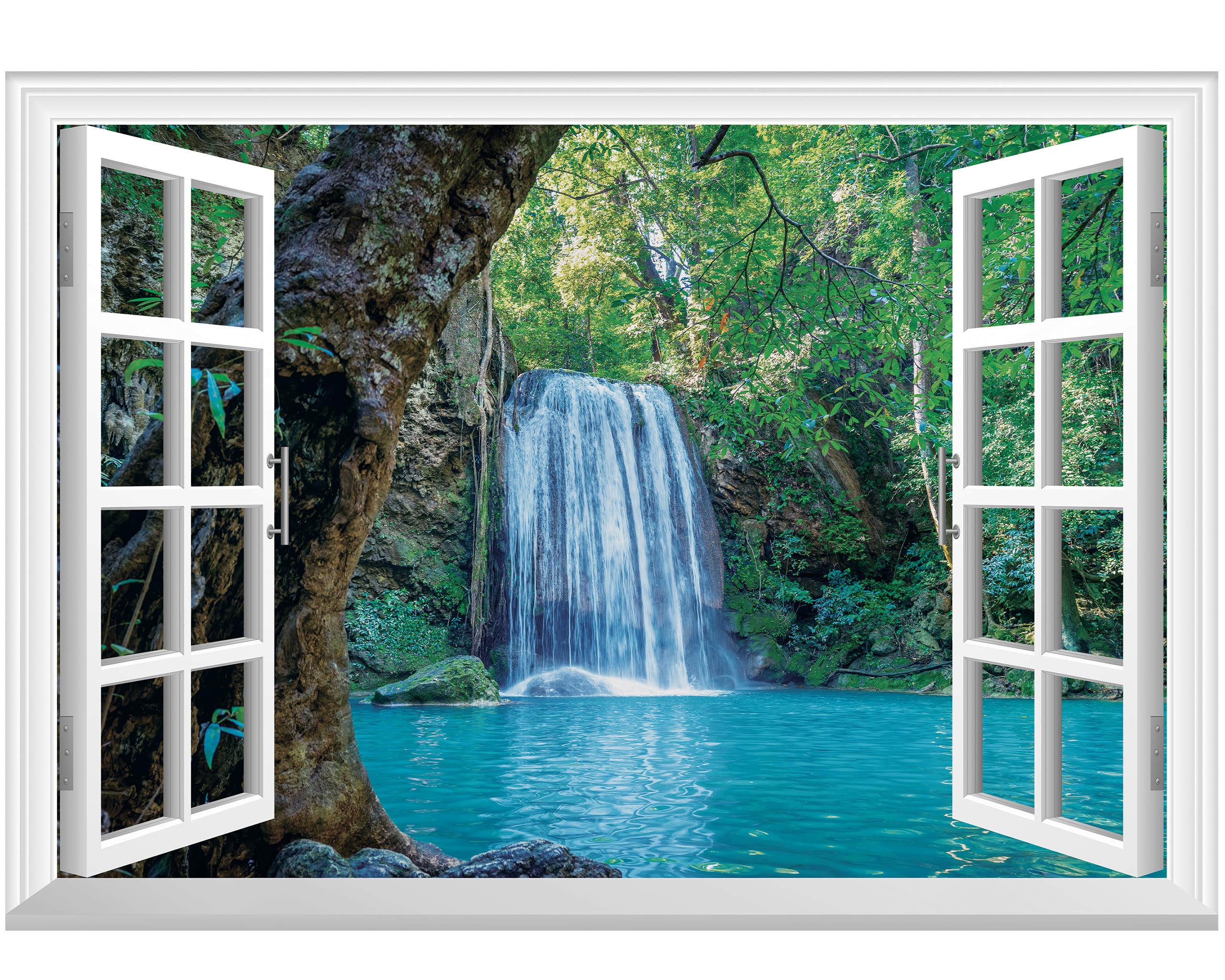 FLFK Fake Window Wall Mural - Waterfall and Lake in The Jungle Faux Window Wall Decal for Wall Decor, Peel and Stick Wall Sticker,80"x60",Split into 5 Pieces โ image 1
