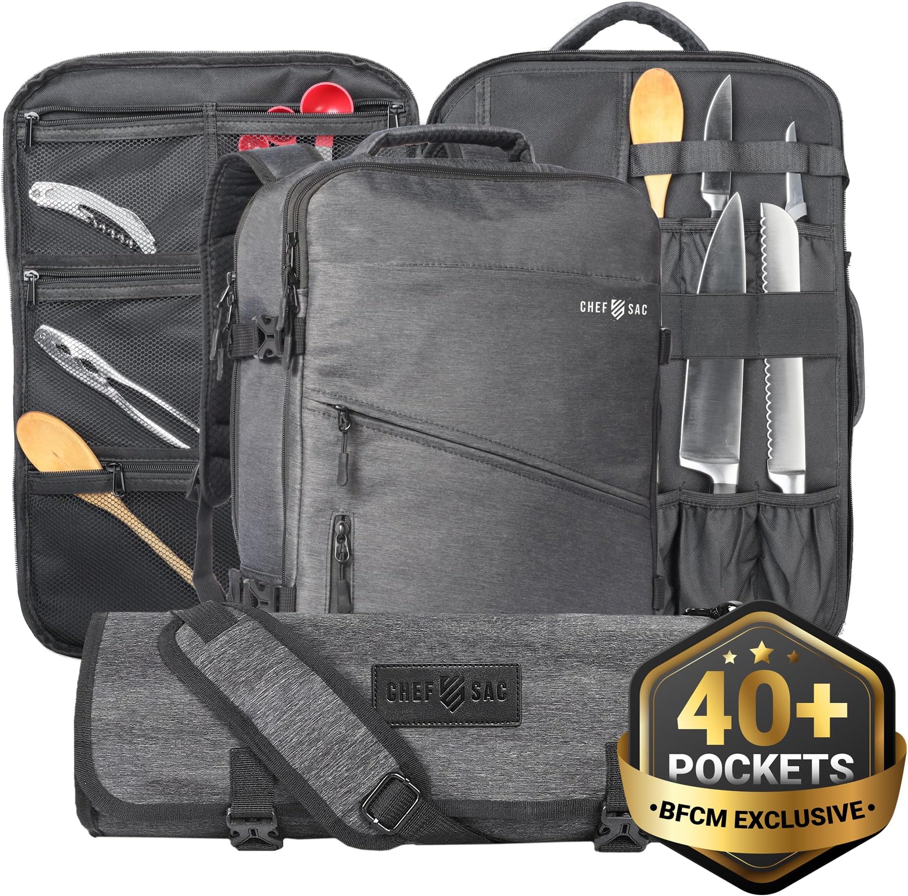 Chef Knife Bag Backpack Set with Knife Roll | Knife Case with 40+ Pockets for Knives and Culinary Tools | Great Knife Bag for Chefs & Culinary Students | Knives & Tools Not Included