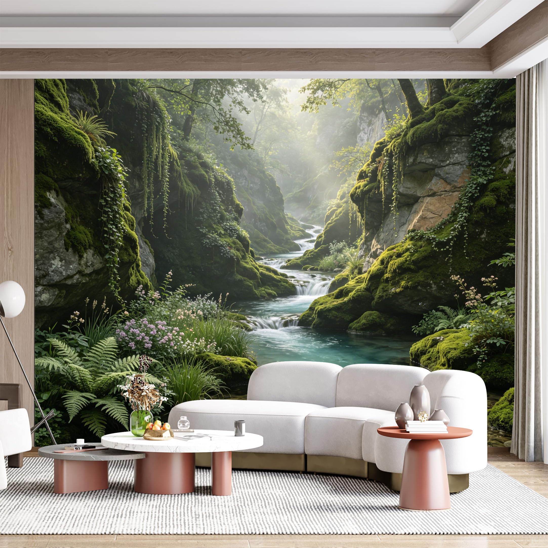 Custom Size Wall Mural Lush Forest Creek Tranquil Waterfall Botanical Landscape SelfAdhesive Wall Fabric Removable for Home Office Decor