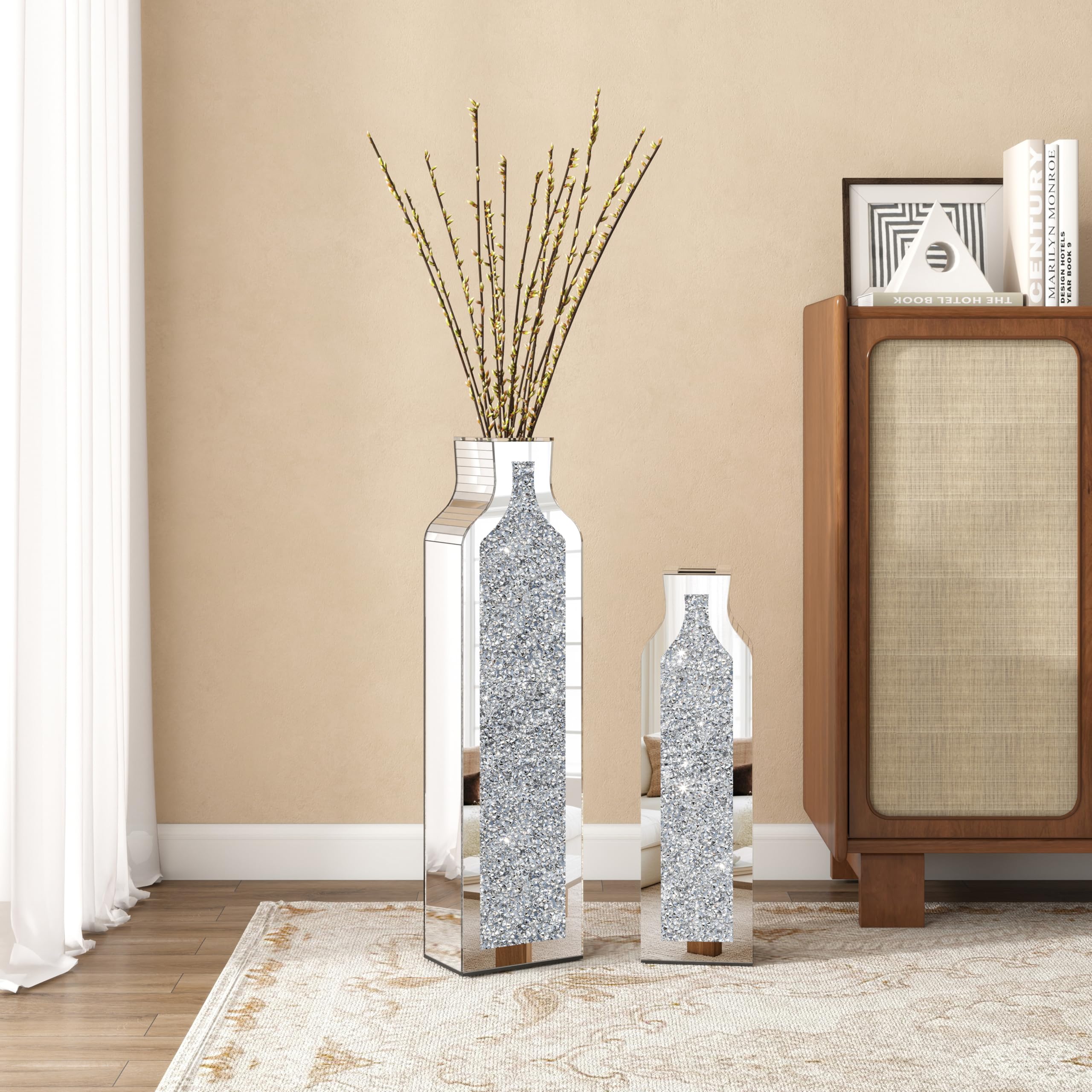 SHYFOY Jarrón decorativo de espejo con diamante triturado de 46 cm y 61,5 cm para el salón – Moderna y elegante jarra de plata decorativa de cristal para flores secas – Decoración elegante y