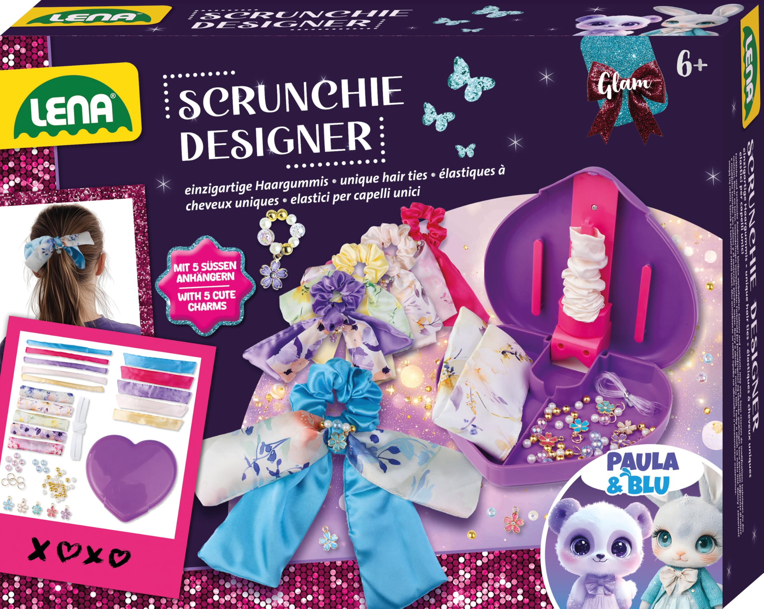 Lena Glam Scrunchies Designer Craft Set, Creative Set for Girls with Textile, Elastic Band, 5 Charms, Heart Storage Box & Sewing Material, Gift Set for Children from 6 Years