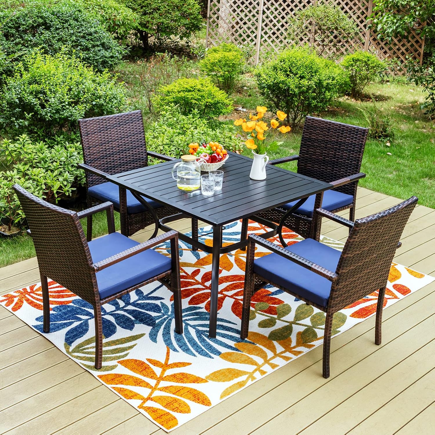 Sophia & William Outdoor 6 Pieces Dining Set with 4 PE Rattan Chairs, 1 Metal Table and 1 10ft 3 Tier Auto-tilt Umbrella (No Base) Navy, Modern Patio Furniture for Poolside, Porch, Patio, Balcony