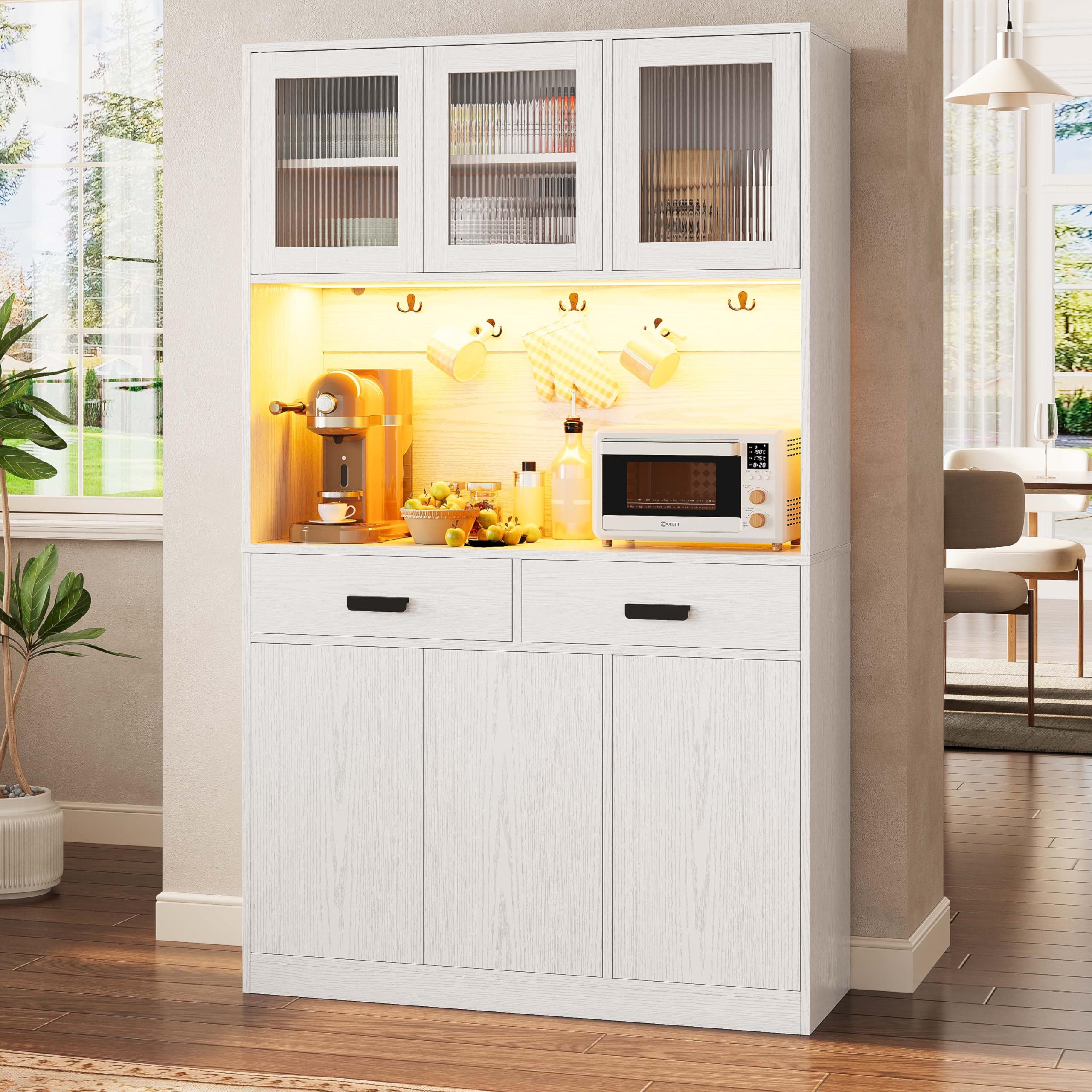 IRONCK Hocher Küchenschrank mit LED Beleuchtung & Steckdose USB Ladeports, Buffetschrank mit Arbeitsplatte 2 Schubladen Magnettüren Sideboard für Kaffeebar Küche Wohnzimmer Esszimmer 180x110x38cm Weiß