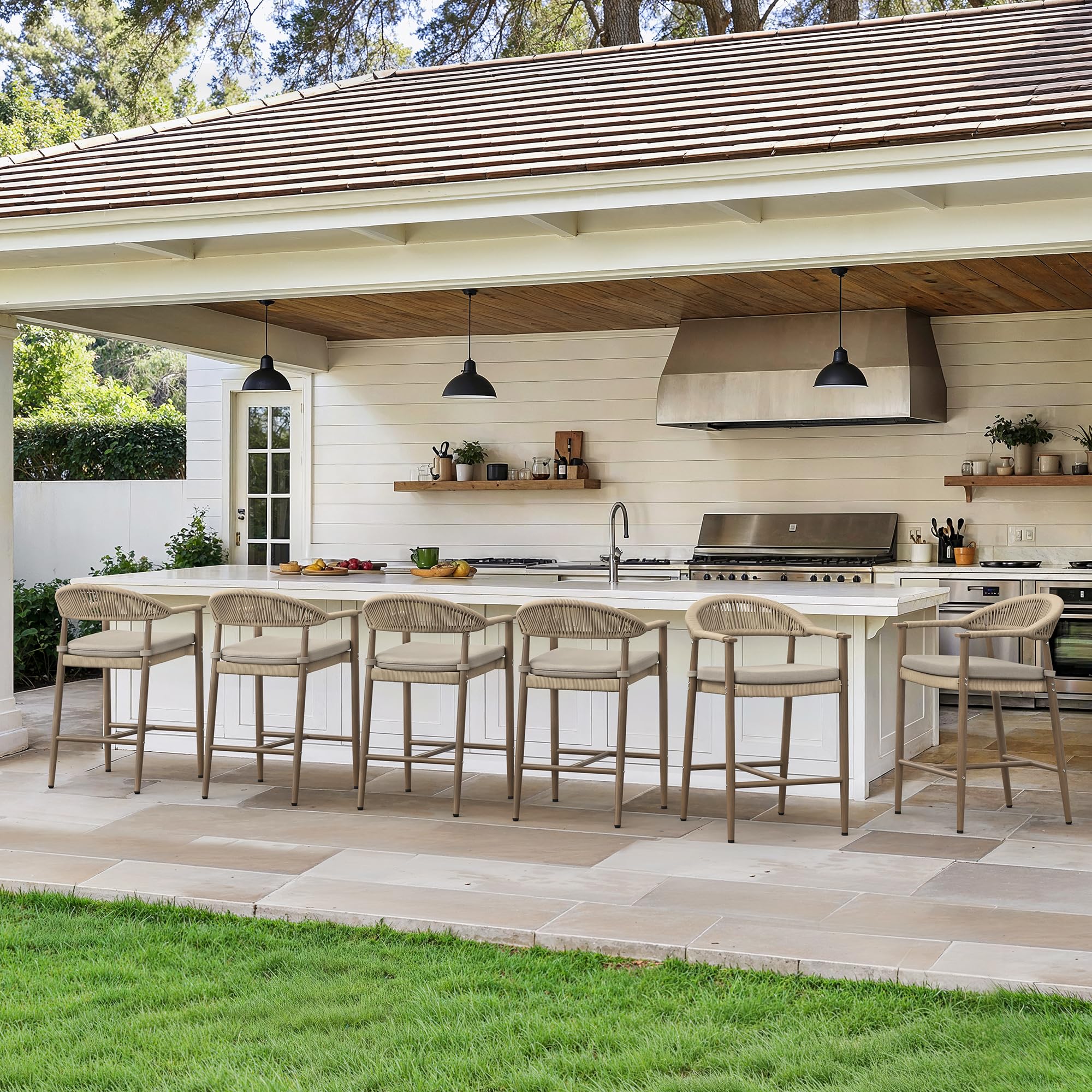 Cozyman Bar Stools Set of 6, 24.8'' Aluminum Outdoor Bar Stool with Removable Cushion, Boho Rattan BarStools, Olefin Rope Woven Bar Chairs with