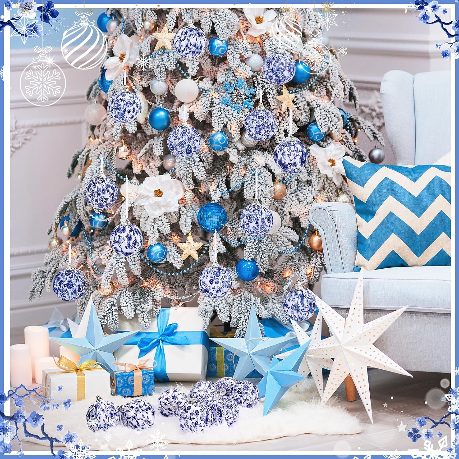 クリスマスブルーとホワイトのボールオーナメント 2.75インチ シノワズリー クリスマスツリー吊り下げオーナメント シノワズリー フ