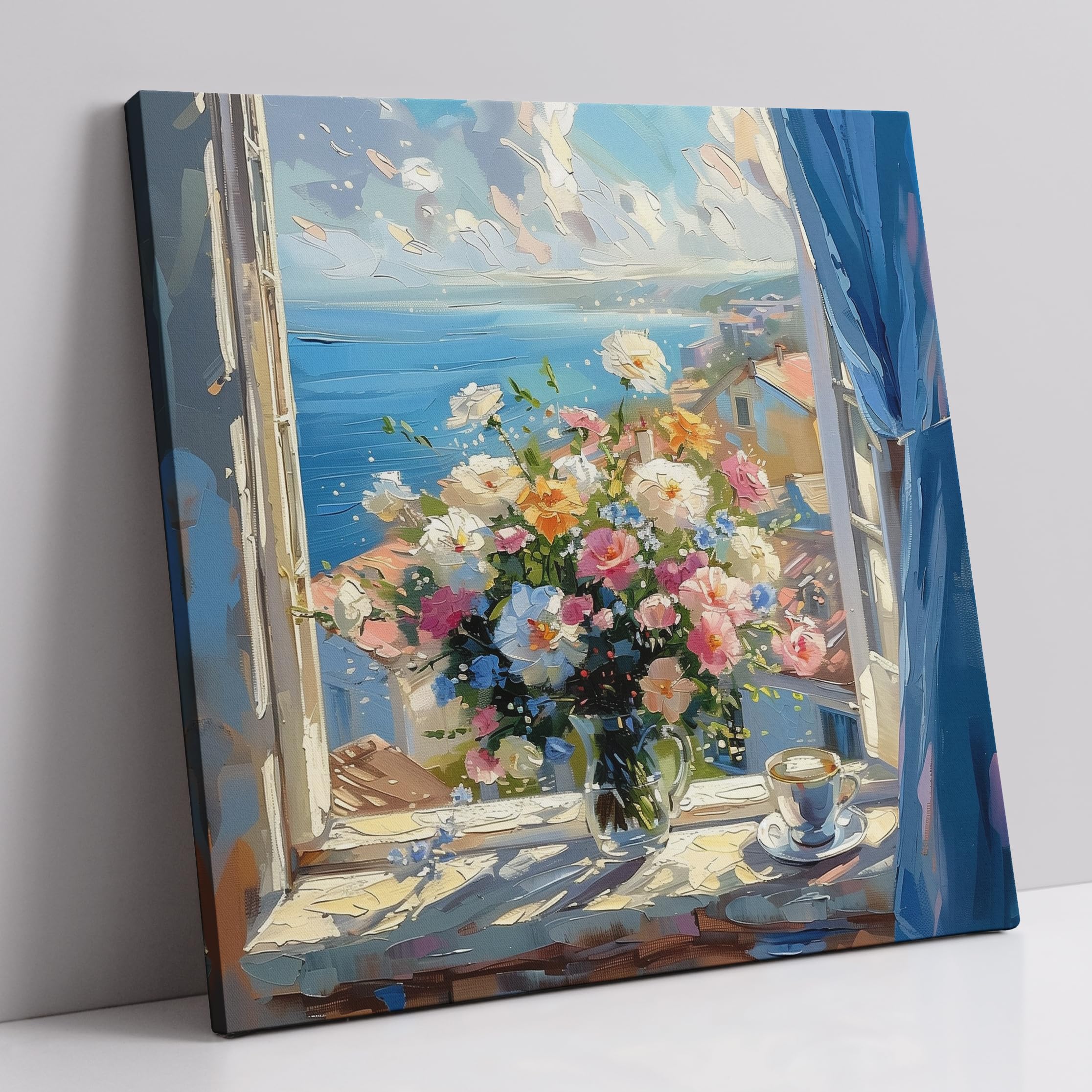 VisEnt Window View Coastal Wall Art: Blooming Wildflower on Windowsill, Floral Canvas Wall Art, Rustic Farmhouse Poster Flower Wall Decor Aesthetic for Living Room Bedroom (16"x16" Window4)