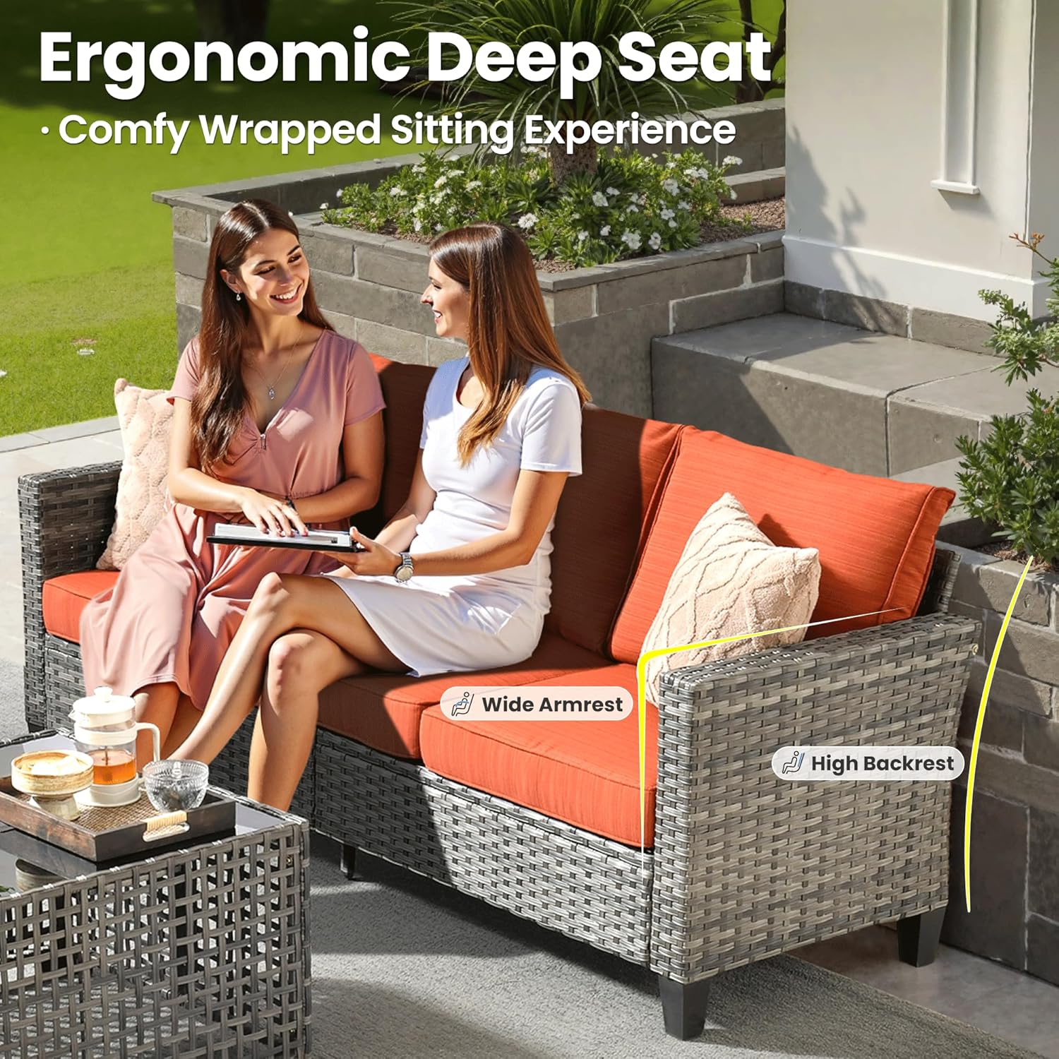 ovios 10 Pieces Patio Furniture Set with Swivel Chairs Rocking Gliders, 54" Fire Pit Table, Outdoor Sofa Couch with Solar Lights Table, Modern Deep Seat Wicker Rattan Conversation Set, Orange Red