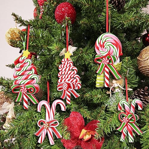 Miniatura 2 de Blulu 6 adornos de bastón de caramelo para árbol de Navidad, adornos de piruleta de menta, decoración colgante de árbol de Navidad, colgantes de