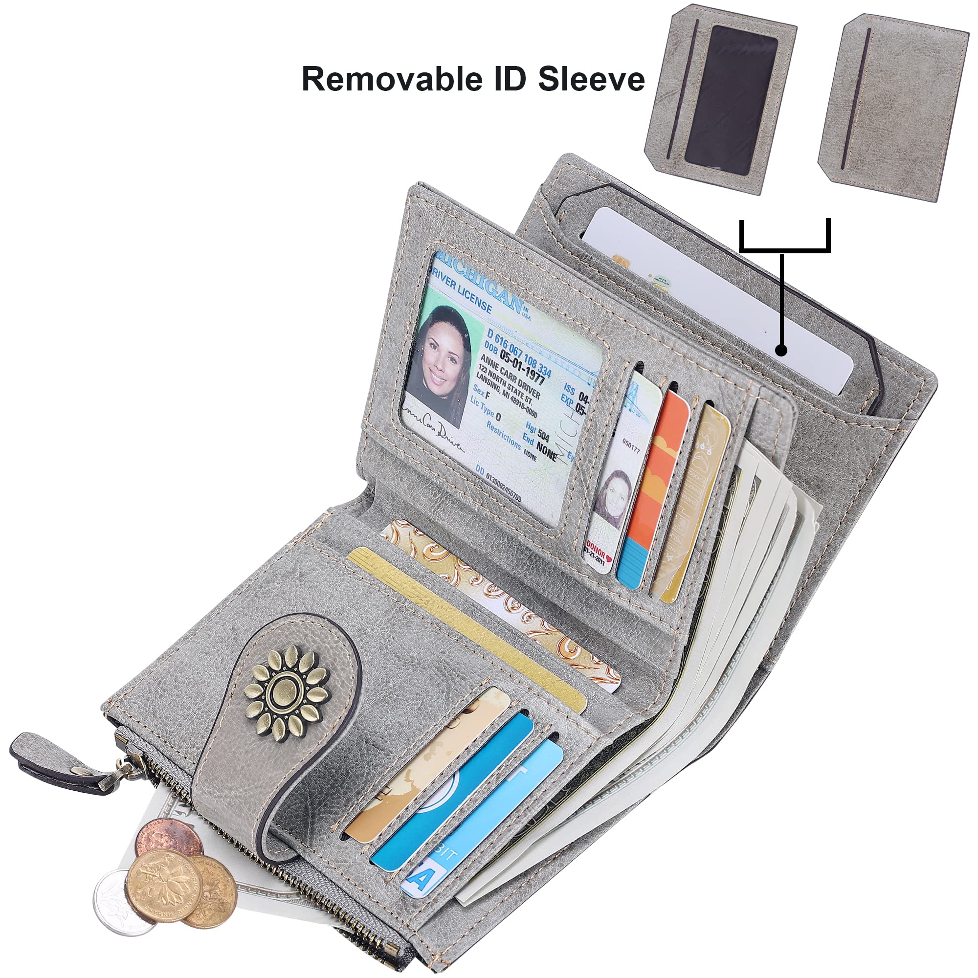 Lavemi - Cartera de Piel para Mujer con Bloqueo RFID pequeño Plegable para Tarjetas de crédito con Bolsillo con Cremallera para Ventana de identificación - Gris - Talla única
