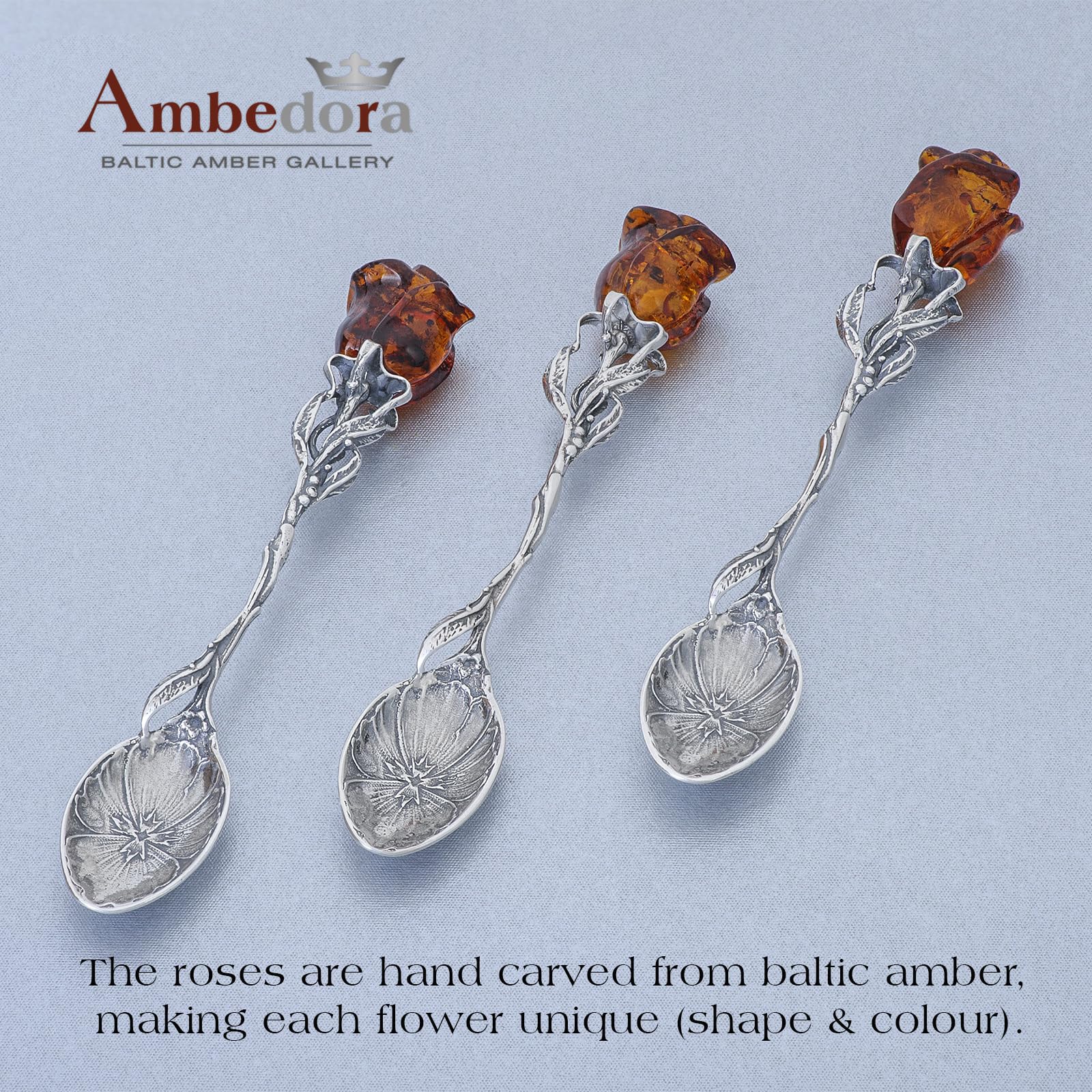 Silberlöffel mit bernsteinfarbener Rose in Cognacfarbe, Sterling Silber Oxidiert, L 10,5 cm