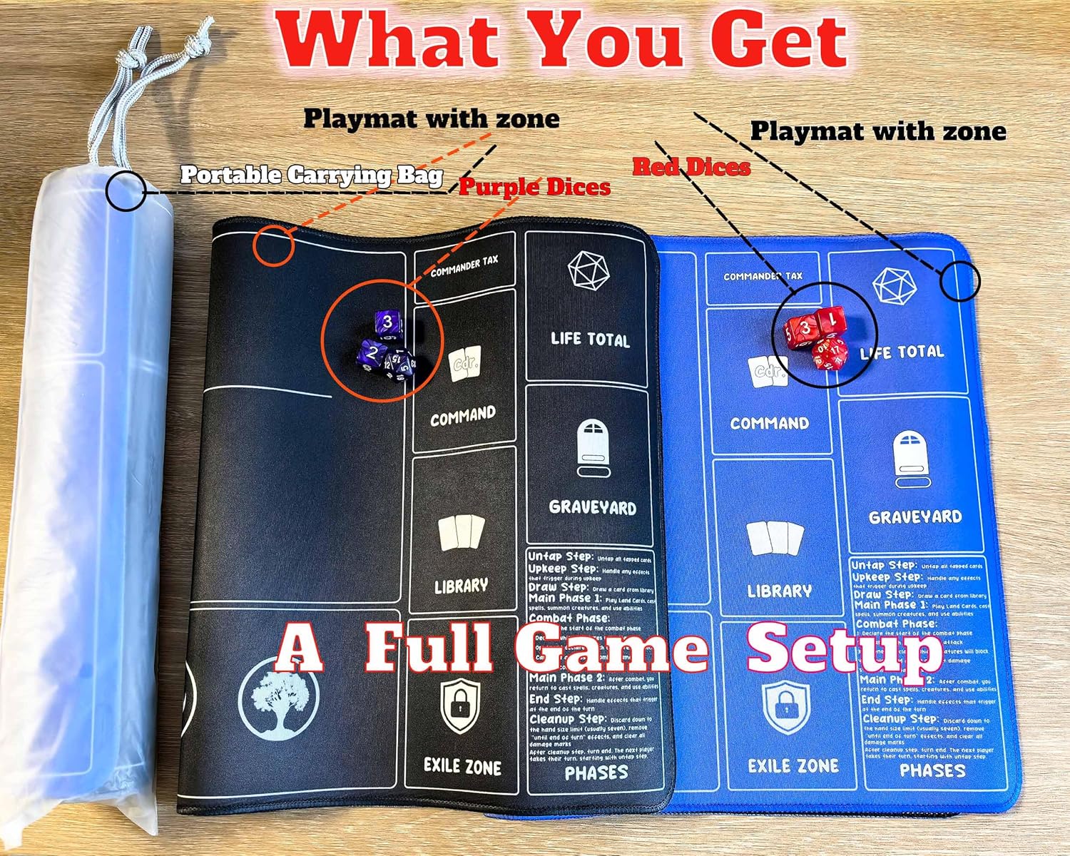 Card Game Playmats MTG Playmat for Beginner 2 Pack with Dices, Magic Mat Commander Deck Card Playmat for TCG MTG Accessories Play Mat 24x14 Inches Duel Card Battles, Black/Blue