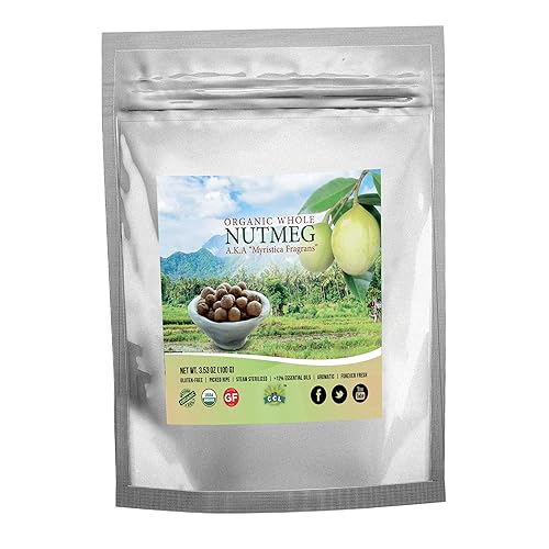 Vista 4 de Nuez moscada orgánica entera de 1.5 onzas, especia aromática recién cosechada de grado prémium de comercio justo