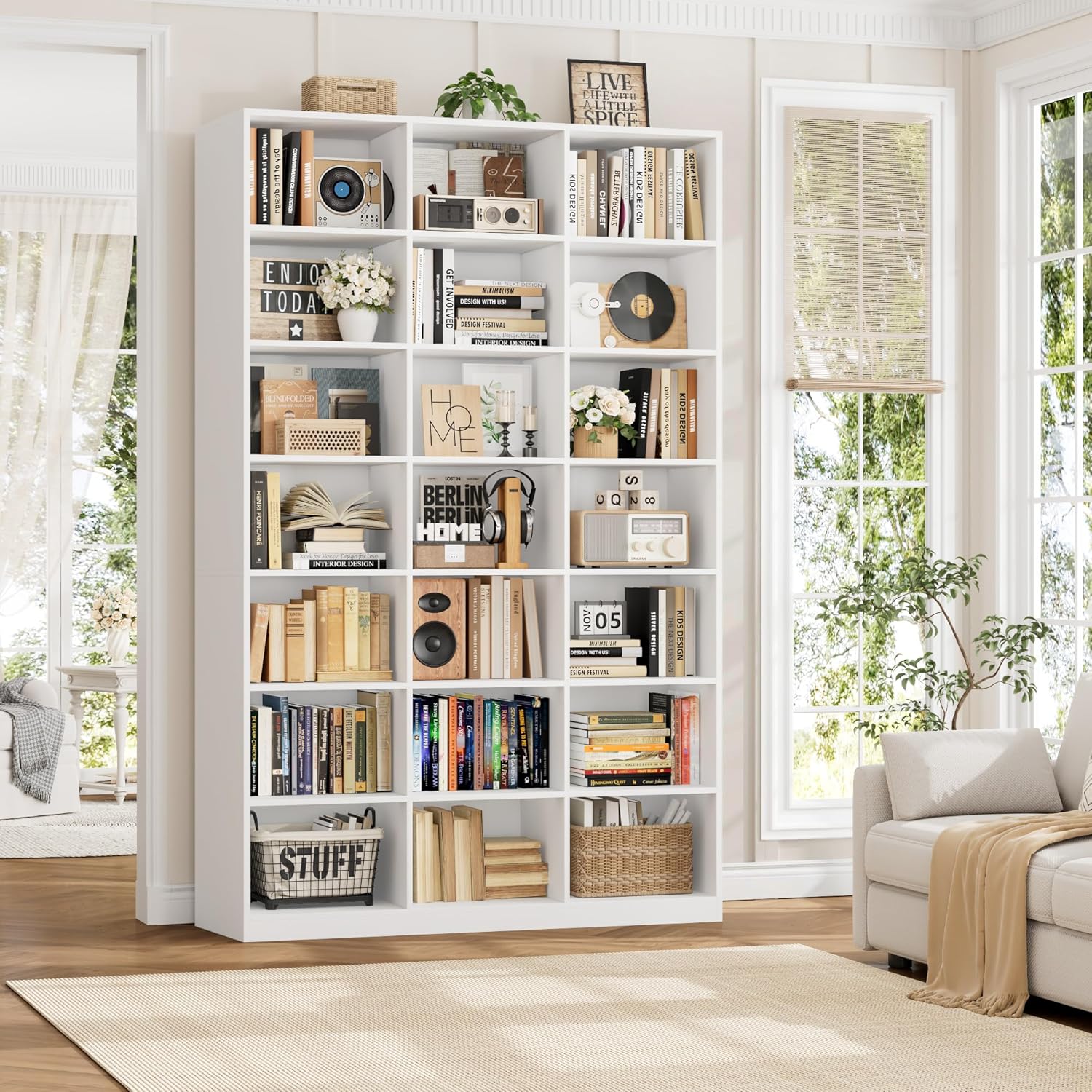 HOSTACK 86" H Triple Wide Bookshelf and Bookcase, 7 Tier Tall Bookshelf with Storage, Large Bookcase with 21 Open Display Storage Shelves, Wood Book Shelf Media CD DVD Storage for Living Room, White