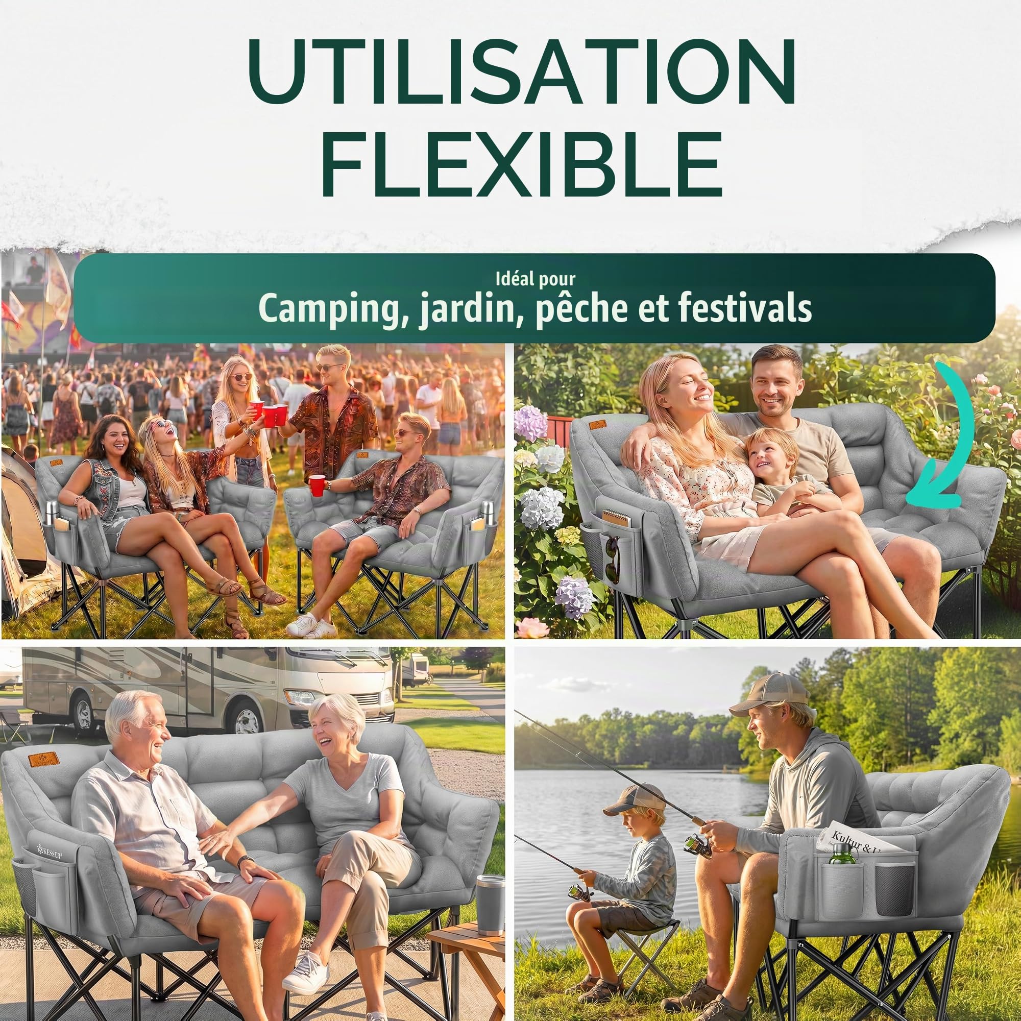 KESSER® Canapé de camping pliable pour 2 personnes - 300 kg - Large canapé rembourré avec poches latérales et sac - Canapé pliable Duo - Chaise de camping pour intérieur et extérieur - Camping
