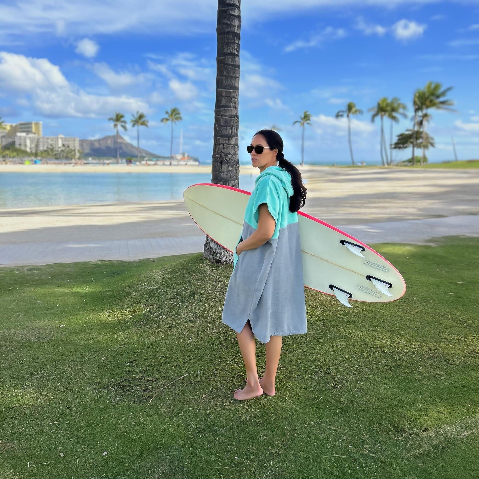 Generico Accappatoio Poncho Poncho Da Surf Donna - Asciugamano Con Cappuccio For Adulti For Cambio In Cotone Telo Mare Spiaggia, Piscina, Barca(Turquoise/Gray)