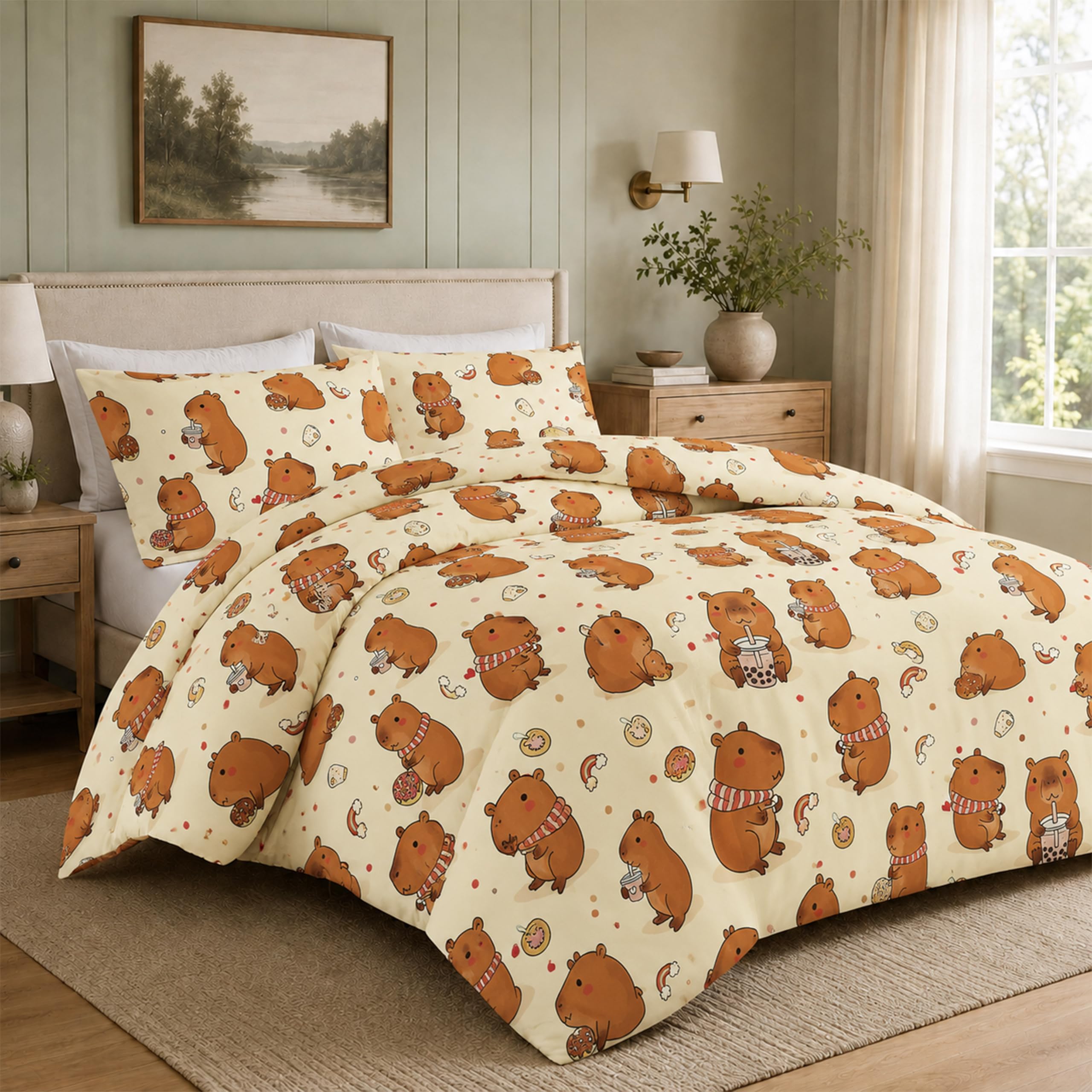 Olivia Rocco Capybara Double Duvet Cover Sets Soft Microfibre Kids Bedding Reversible Quilted Bed Sets with Pillowcases (Grey, Double)