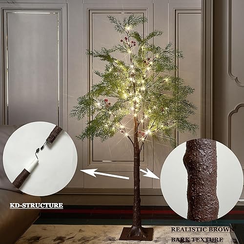 Miniatura 3 de Hairui Árbol de Navidad iluminado con 90 luces LED de hadas de 4 pies, luces de árbol de ciprés sintético con bayas rojas para decoración de