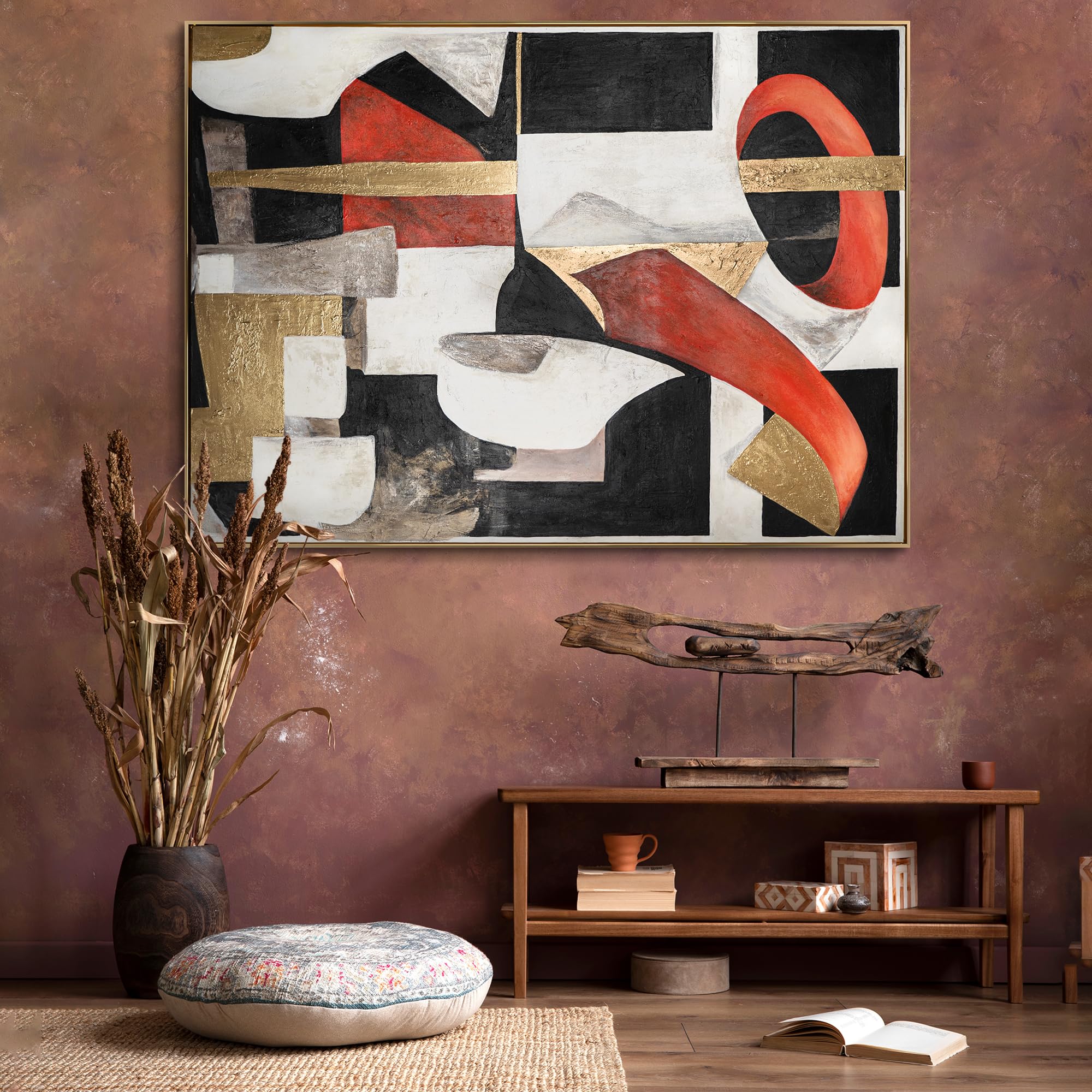 YS-Art Luxus Abstrakt Acryl Gemälde auf Leinwand grafischer Rhythmus handgemalt Wandbild Wohnzimmer modernes Wohndekor Bilder Kunstwerk 120x80 cm