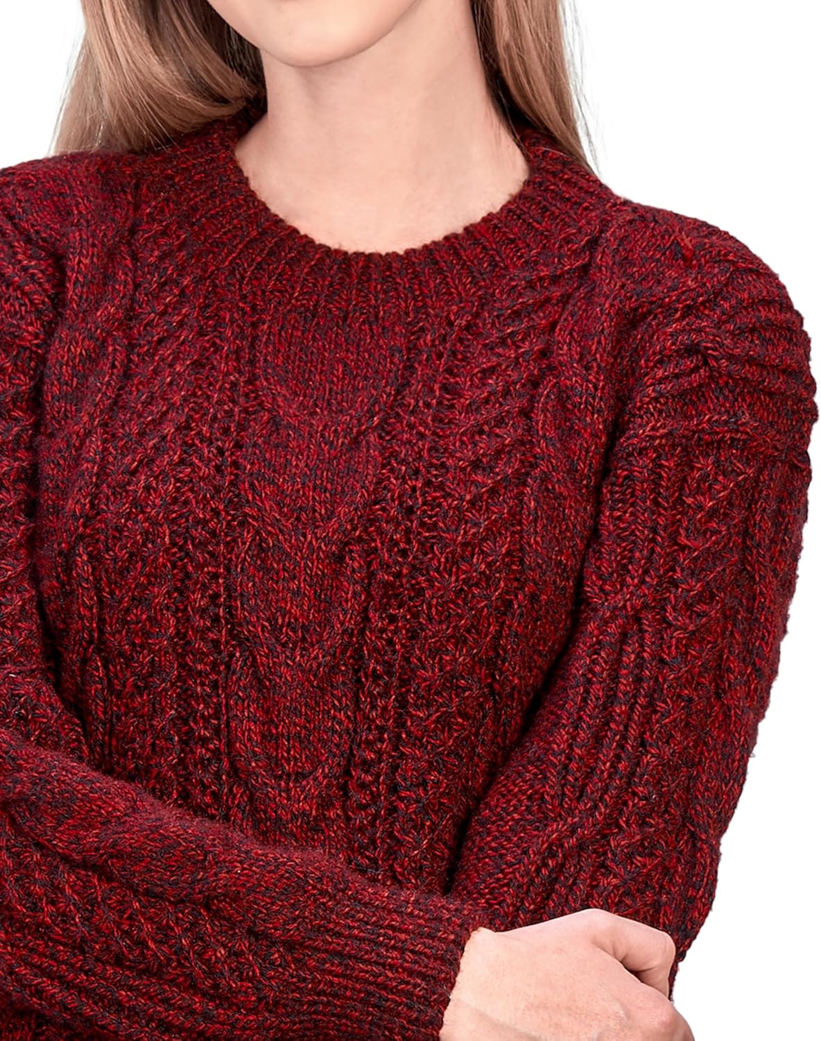 Irish Aran Jumper for Women - Hand Cable Knitted Crewneck Pullover in Red Melange Alpaca Wool -Nordic Pattern (X-Large)