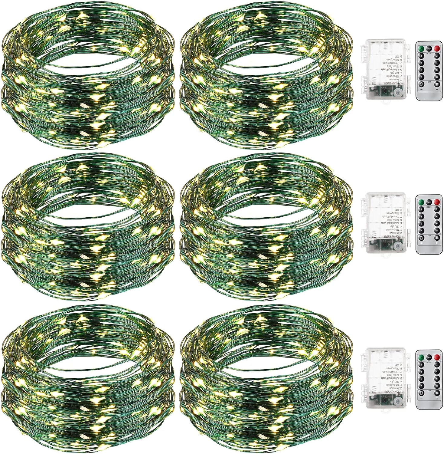 6 Pack Christmas Fairy String Lights Battery Operated Green Wire LED Waterproof String Lights with Remote 8 Modes for Christmas Tree Patio Garden Backyard Home Indoor Outdoor (33ft,Warm White) 33ft Warm White 6