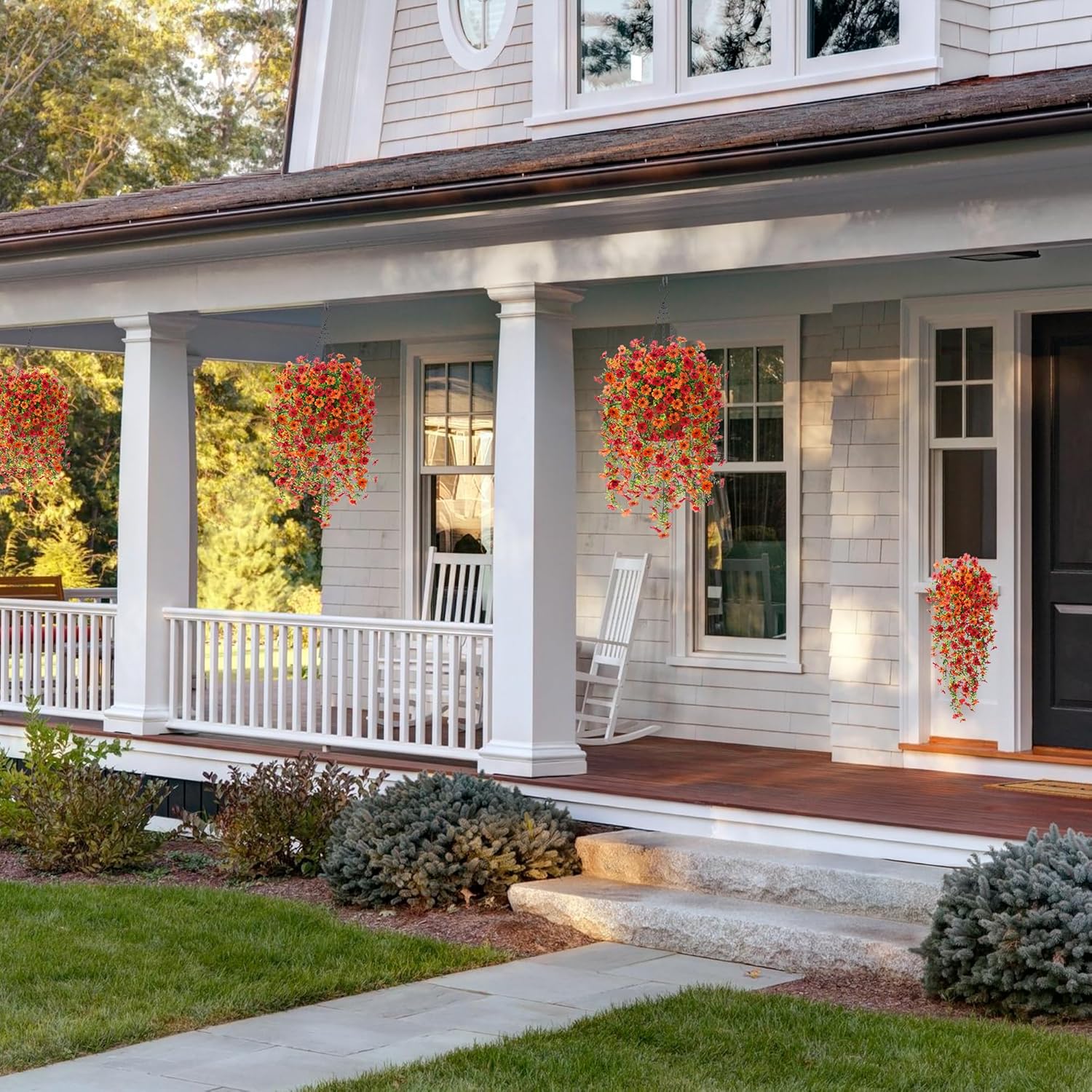 Artificial Fake Hanging Flowers with Basket Outdoor Summer Decoration, Fake Mums Silk Daisy Flowers Planter Eucalyptus Realistic UV Resistant for Outside Garden Porch Patio Home Decor(Orange Red) - Image 5