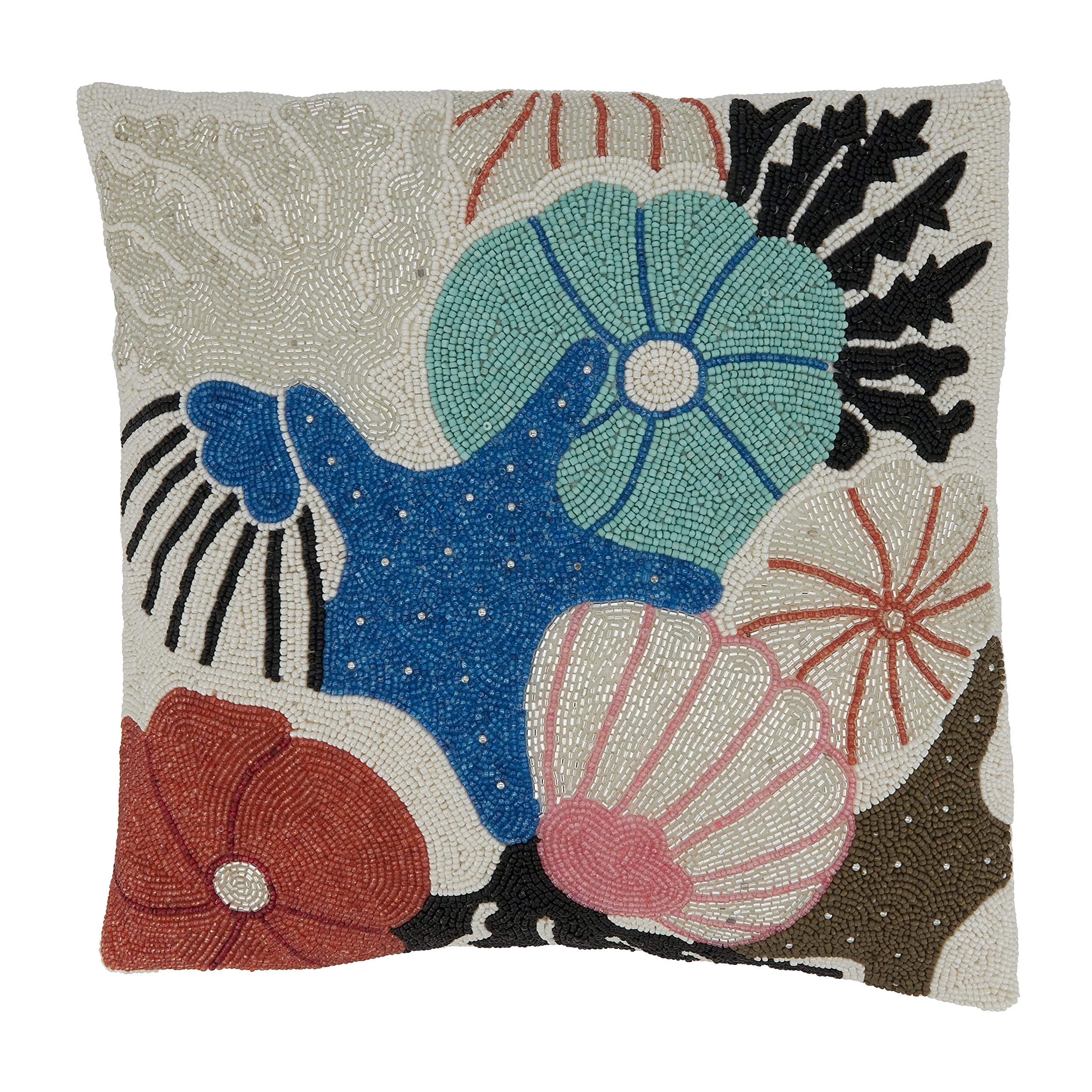 SARO LIFESTYLE Rosamund Collection Beaded Seashells Throw Pillow with Down Filling, 16", Multi