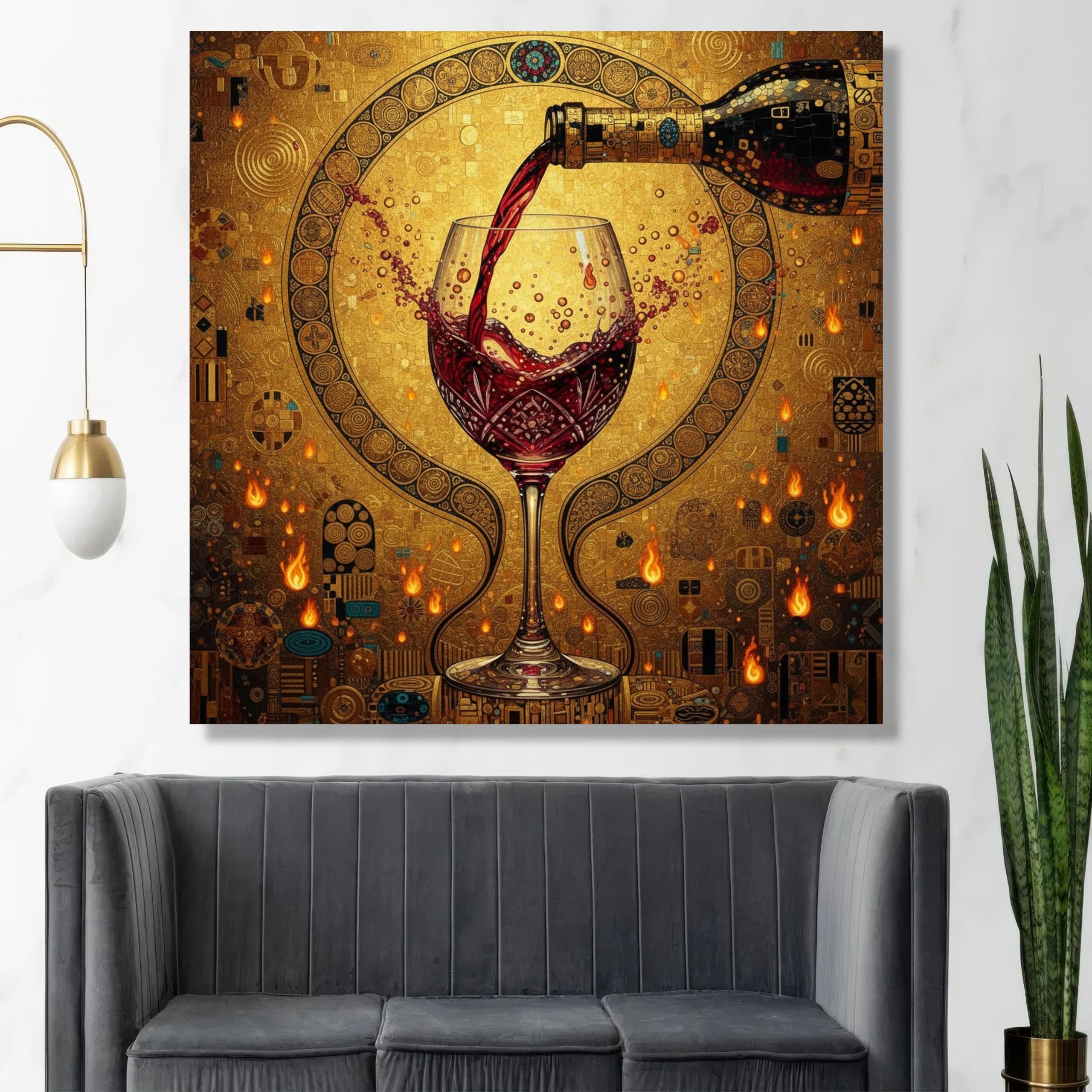 Leinwandbild mit Rotwein-Motiv, Kunst im Vintage-Stil, goldene Wanddekoration, abstraktes Weinglas-Gemälde, Leinwandbild für die Heimdekoration (30x30cm/Innenrahmen)