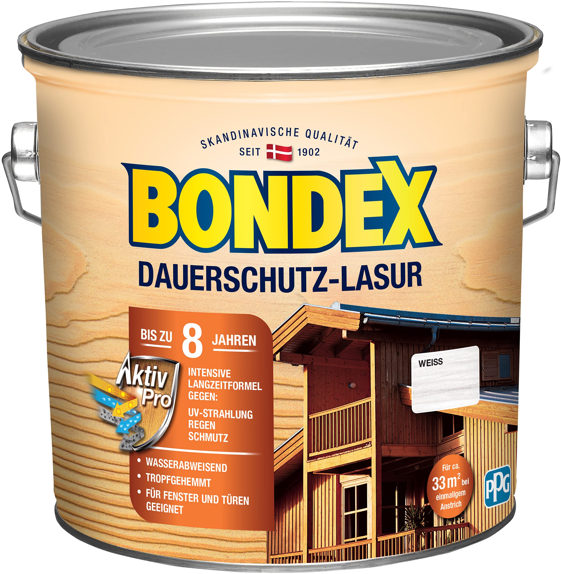 Bondex Dauerschutz Lasur Weiß 2,5 L für 32 m² | Hoher Wetter- und UV-Schutz bis zu 8 Jahre | Tropfgehemmt | Natürliches Abwittern - kein Abplatzen | Dauerschutzlasur| Holzlasur