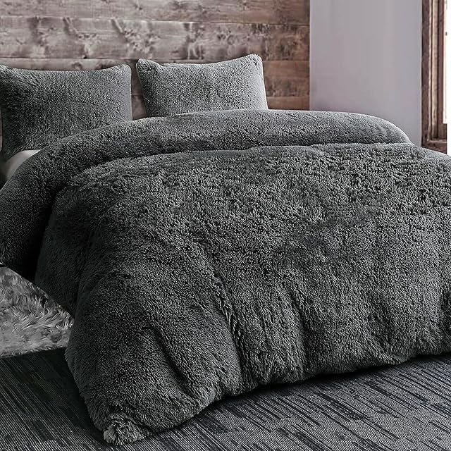 LS HOME Laura Secret Long Fluffy Teddy Duvet Cover Sets,Pillow Case Hug And Snug Fleece Faux Fur Easy Quilt Bedding (Charcoal, Double)
