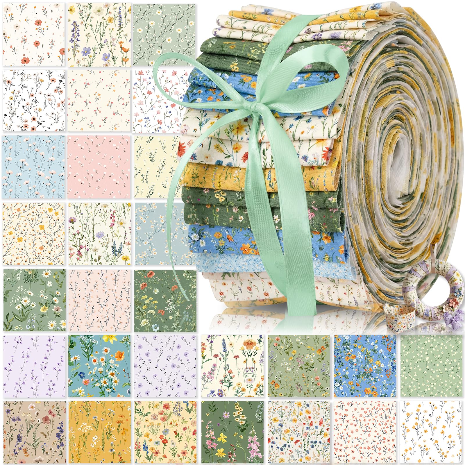 Tatuo 60 Pcs Jelly Fabric for Quilting 100% Cotton Roll Quilting Fabric 2.56 x 40 Inch Precut Strips for Sewing Assorted Floral Prints(Spring)