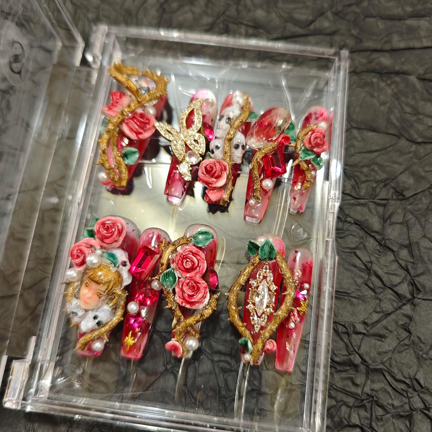 10Pcs(1Pack) Handmade Nails Press On Nails Long Square 33mm Rose Masquerade 3D Rose Pearl Mask Luxury Art Fake Nails Reusable Acrylic Stick On Nails for Women Wedding Party Daily Wear Size S