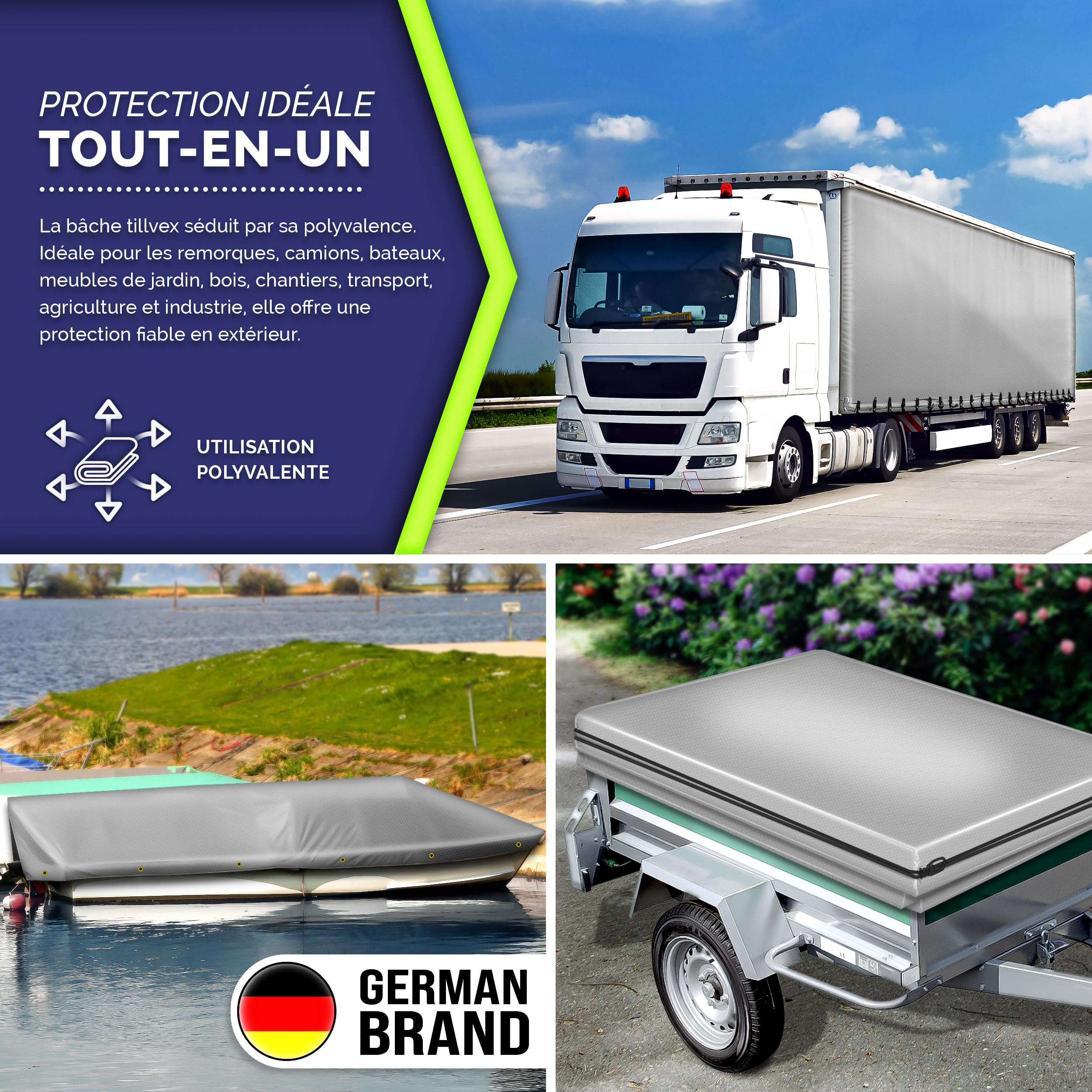 tillvex® Bâche de Protection avec Oeillets + 10 Crochets et Corde de 15 m - Bâche en Tissu 650 g/m² imperméable et indéchirable - Bâche PVC Universelle Exterieur, Camion, Piscine, Meubles de Jardin